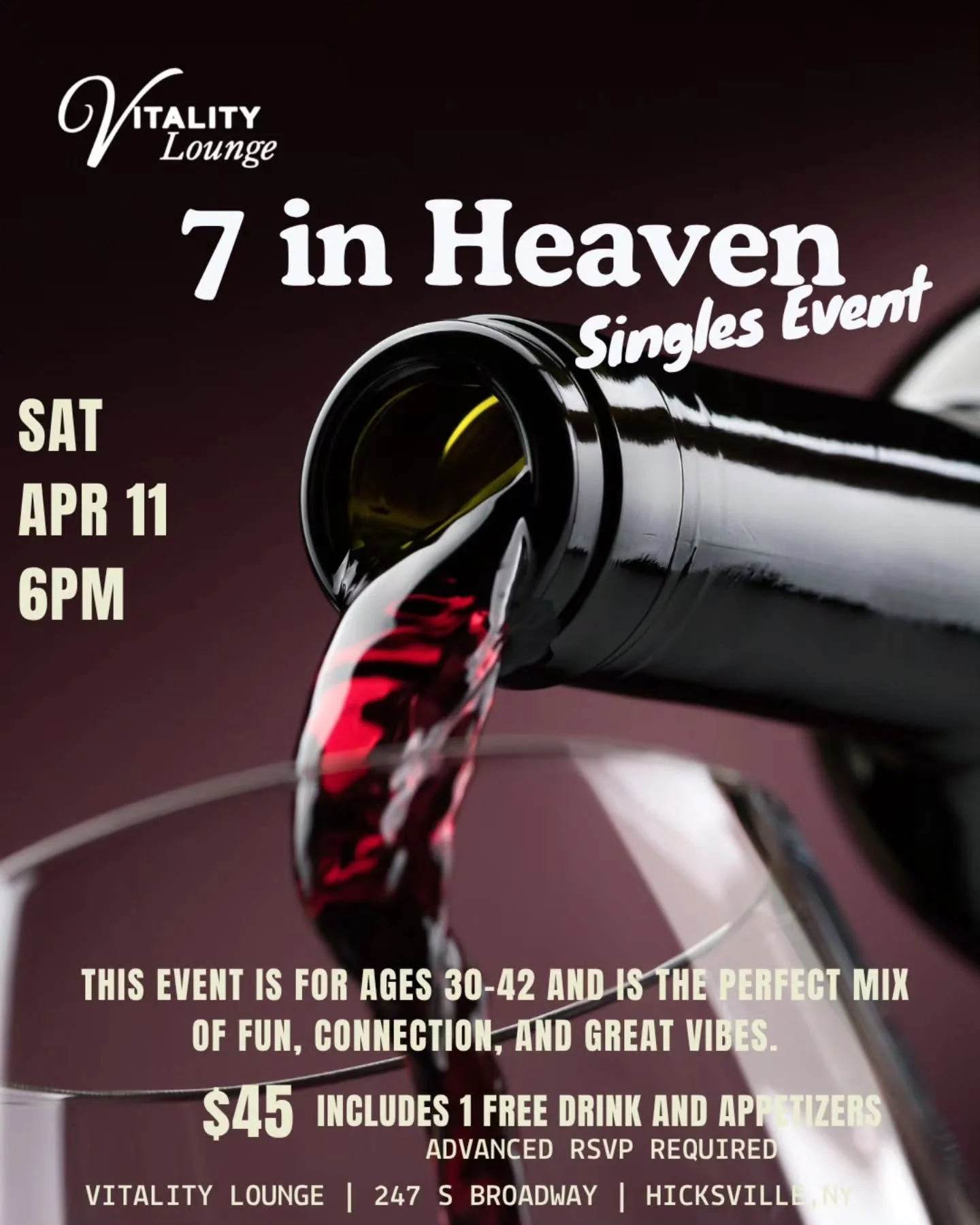 Ready to meet someone new? 💫
Join us Saturday, April 11 at 6PM for 7 in Heaven Singles Speed Dating!

$45 includes speed dating, 1 free drink 🍸, and appetizers.
Ages 30&ndash;42. Men&rsquo;s spots are FULL &mdash; limited spots left for women!

Adv