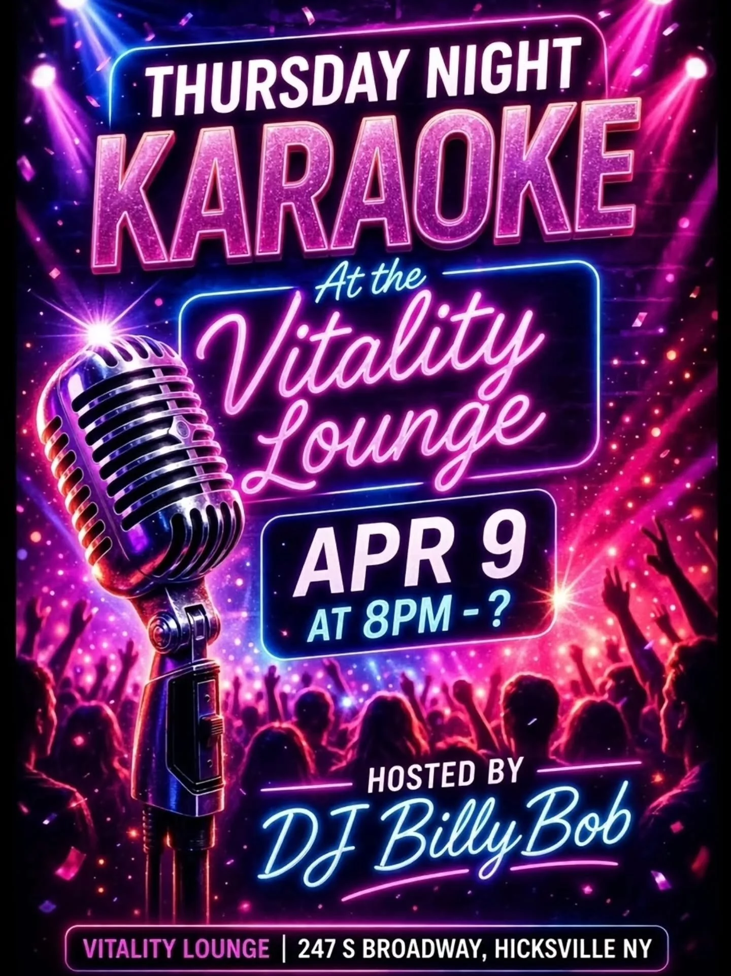 🎤 Karaoke Night &ndash; This Thursday!!!
🕗 8PM

Sing a song, get a raffle ticket 🎟️
Fun vibes, music, and prizes all night!

📲 Contact us to reserve your table

#karaokenight🎤 #thursdaynightvibes #nightlife #longislandevents #NassauNights