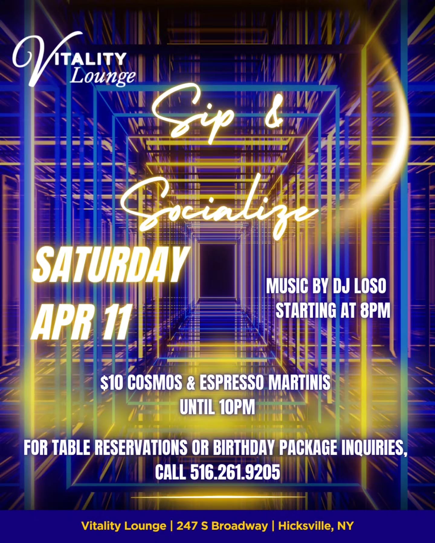 Sip &amp; Socialize Saturday 🍸✨

This Saturday with DJ Loso starting at 8PM, bringing the vibes all night.

$10 Cosmos &amp; Espresso Martinis before 10PM &mdash; the perfect way to kick off your night!

Sip, socialize, and dance the night away. 💃
