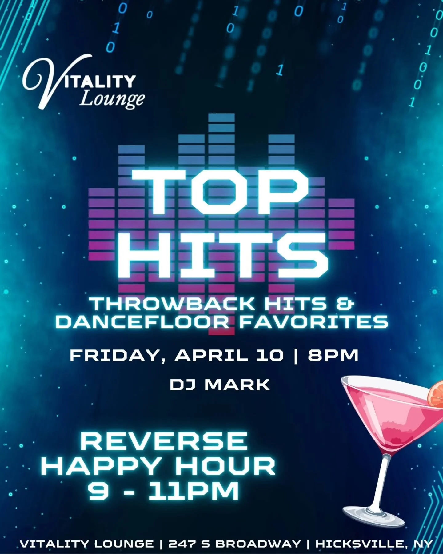 Tonight 🎶 Throwback hits &amp; classic favorites with DJ Mark starting at 8PM!

Reverse Happy Hour 9&ndash;11PM 🍸
$10 martinis | $8 mixed drinks | $5 beer &amp; wine

DM us to reserve your table!

#fridaynightvibe #throwbackhits #happyhour #longisl