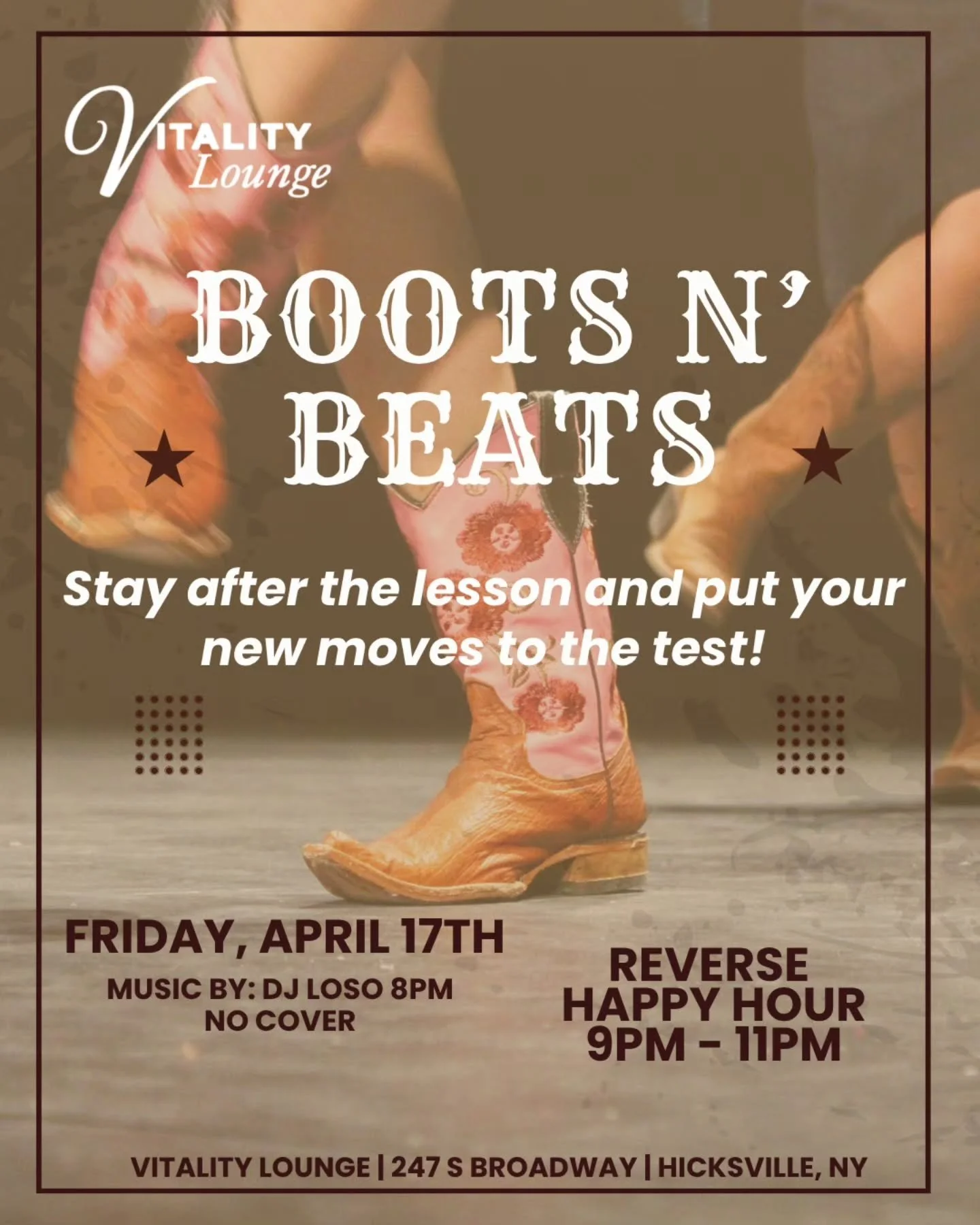 This week&rsquo;s Line Dancing Lesson is officially SOLD OUT 🤠🔥

But the night doesn&rsquo;t stop there&hellip;
Boots N Beats continues with DJ Loso taking over at 8PM 🎶

Stay after the lesson and put those moves to the test&mdash;or just come in 