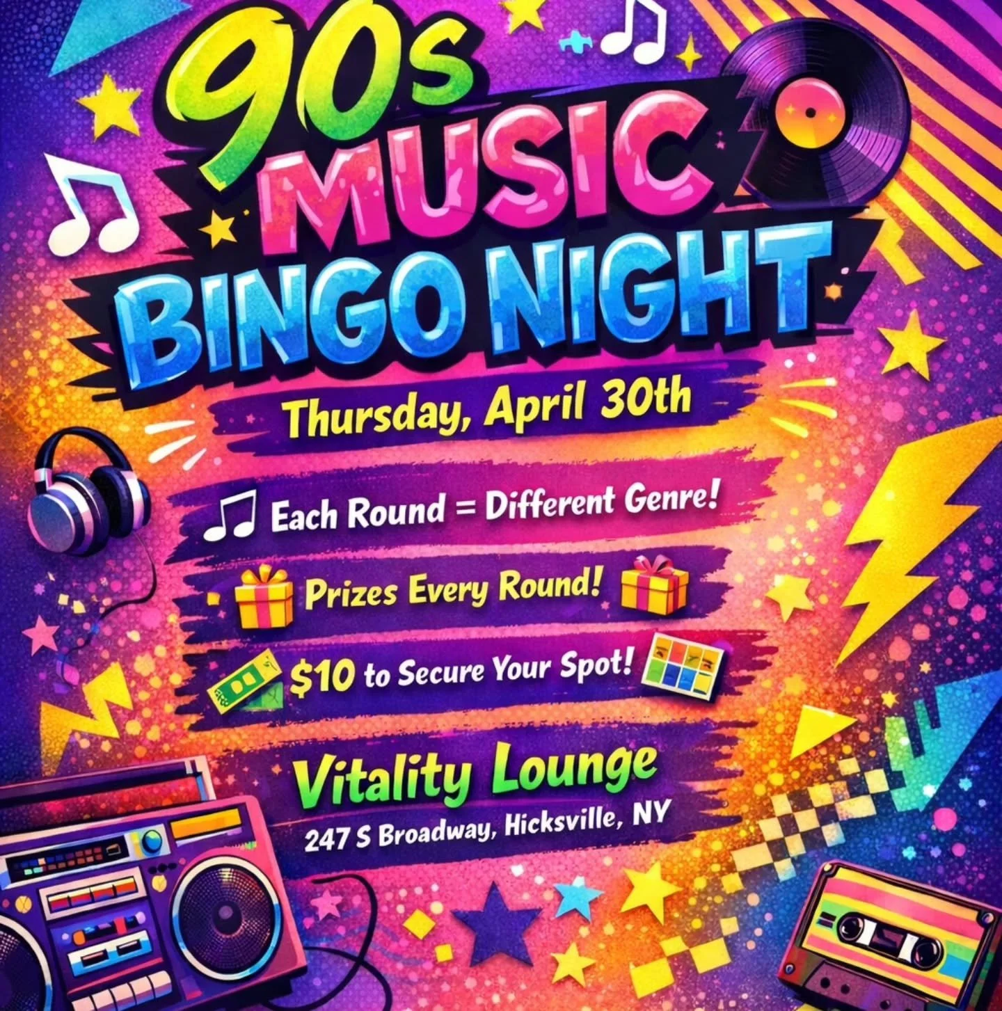 90s Music Bingo is going down April 30 🎶🔥

Throwback hits, fun prizes, and all the vibes. Grab your crew and get ready to sing, dance, and win!

$10 to secure your spot (applied to your check)

🎟️ Link in bio

#longislandevents #musicbingo #things