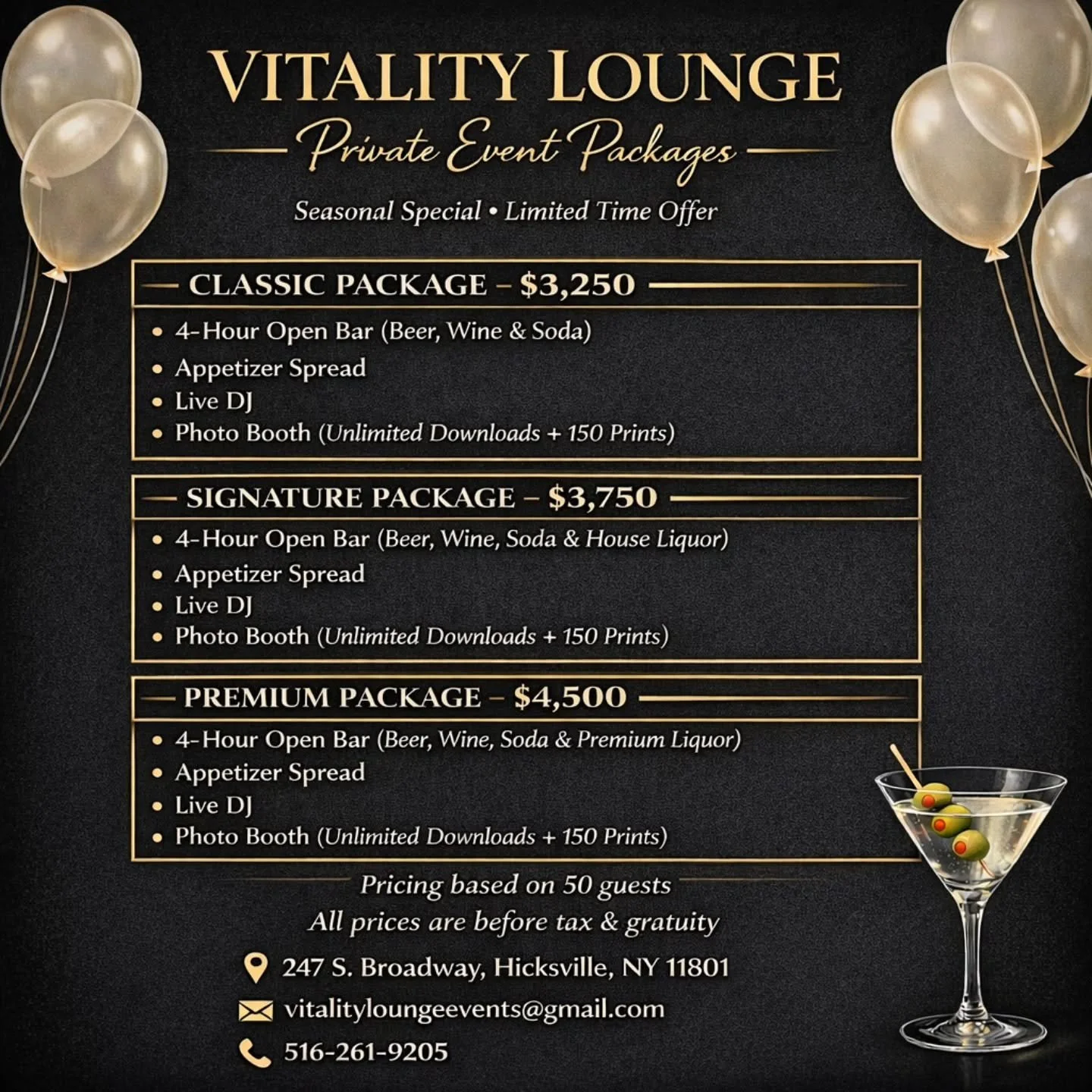 Private Events just got better 🔥 Limited-Time Promotion!

Book your next celebration by June 1st and choose from our Classic, Signature, or Premium Packages &mdash; perfect for parties of 50 guests, with per-person pricing for additional guests! 

✨