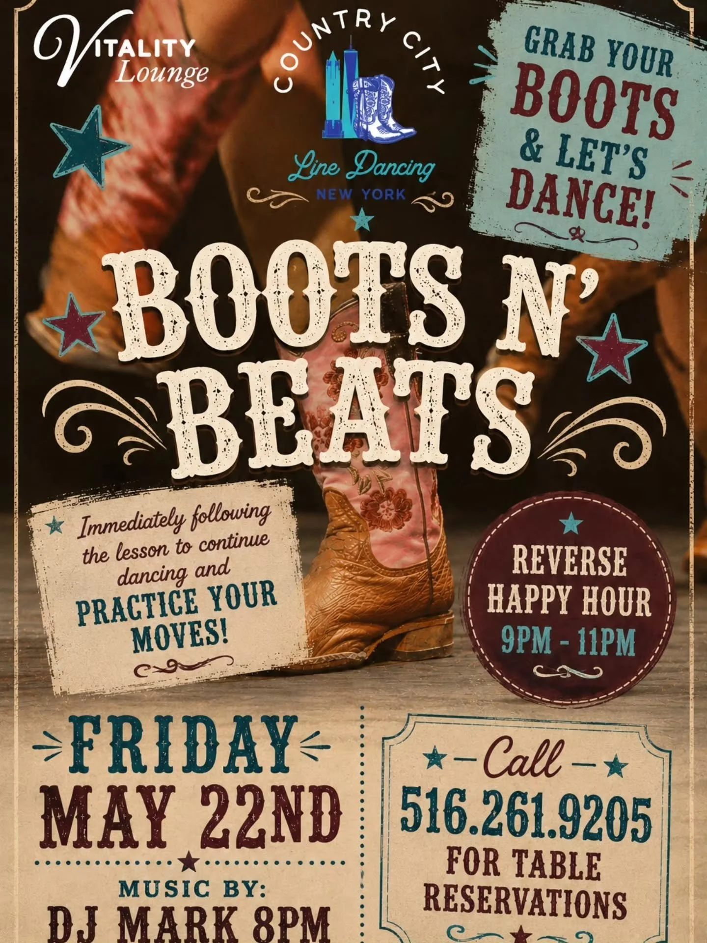 Boots N' Beats Tonight! 🤠🎶

The lesson may be sold out, but the party is just getting started at 8pm &mdash; come dance, drink, and keep the energy going!🍻✨

🔥 Reverse Happy Hour 9PM&ndash;11PM
&bull; $5 Beer &amp; Wine
&bull; $8 House Cocktails
