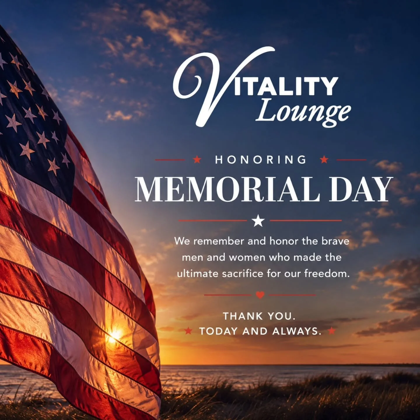Today we honor and remember the brave men and women who made the ultimate sacrifice for our freedom. 🇺🇸

Wishing everyone a safe and meaningful Memorial Day from Vitality Lounge. ❤️🤍💙

#memorialday🇺🇸 #honorandremember #USA #longislandny