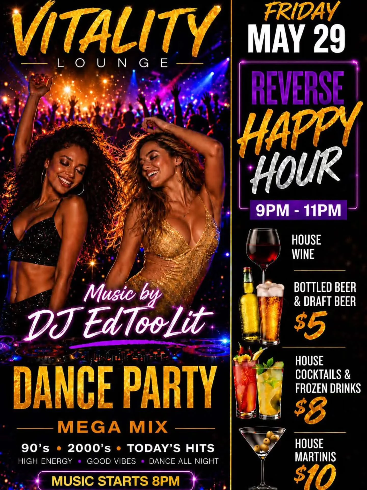 Tomorrow Night 🔥

DJ Too Lit takes over at 8PM with the ultimate Mega Mix of 90s, 00s, and today&rsquo;s hottest hits!

🍸 Reverse Happy Hour | 9PM&ndash;11PM
🍺 $5 Beer &amp; Wine
🍹 $8 House Cocktails &amp; Frozen Drinks
🍸 $10 House Martinis

Gat
