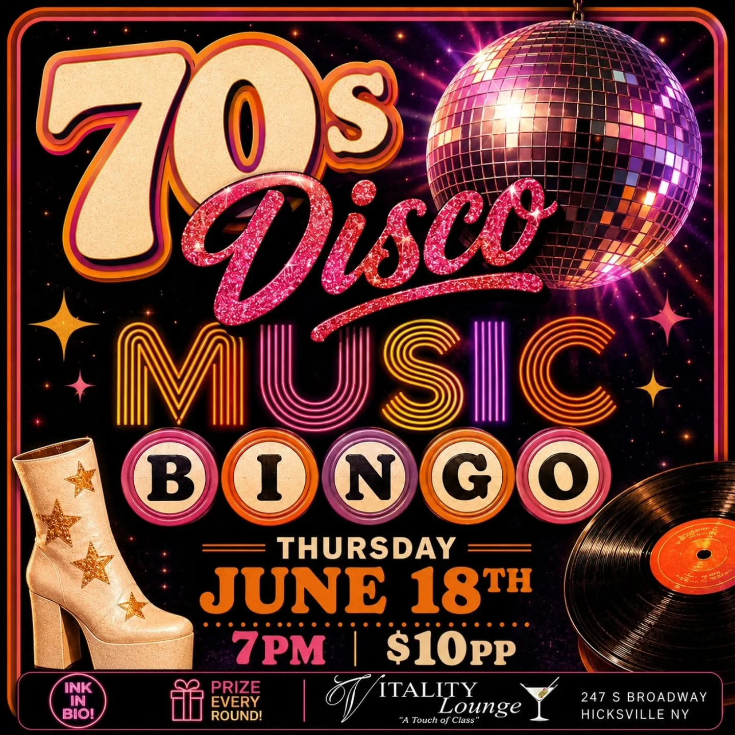 🕺✨ Calling all Dancing Queens and Disco Kings! ✨🕺

Get ready for 70s Disco Music Bingo on Thursday, June 18th at 7PM! Sing along to your favorite disco classics while playing for prizes every round. 🎶🏆

🎟️ $10 secures your spot
📍 247 S Broadway