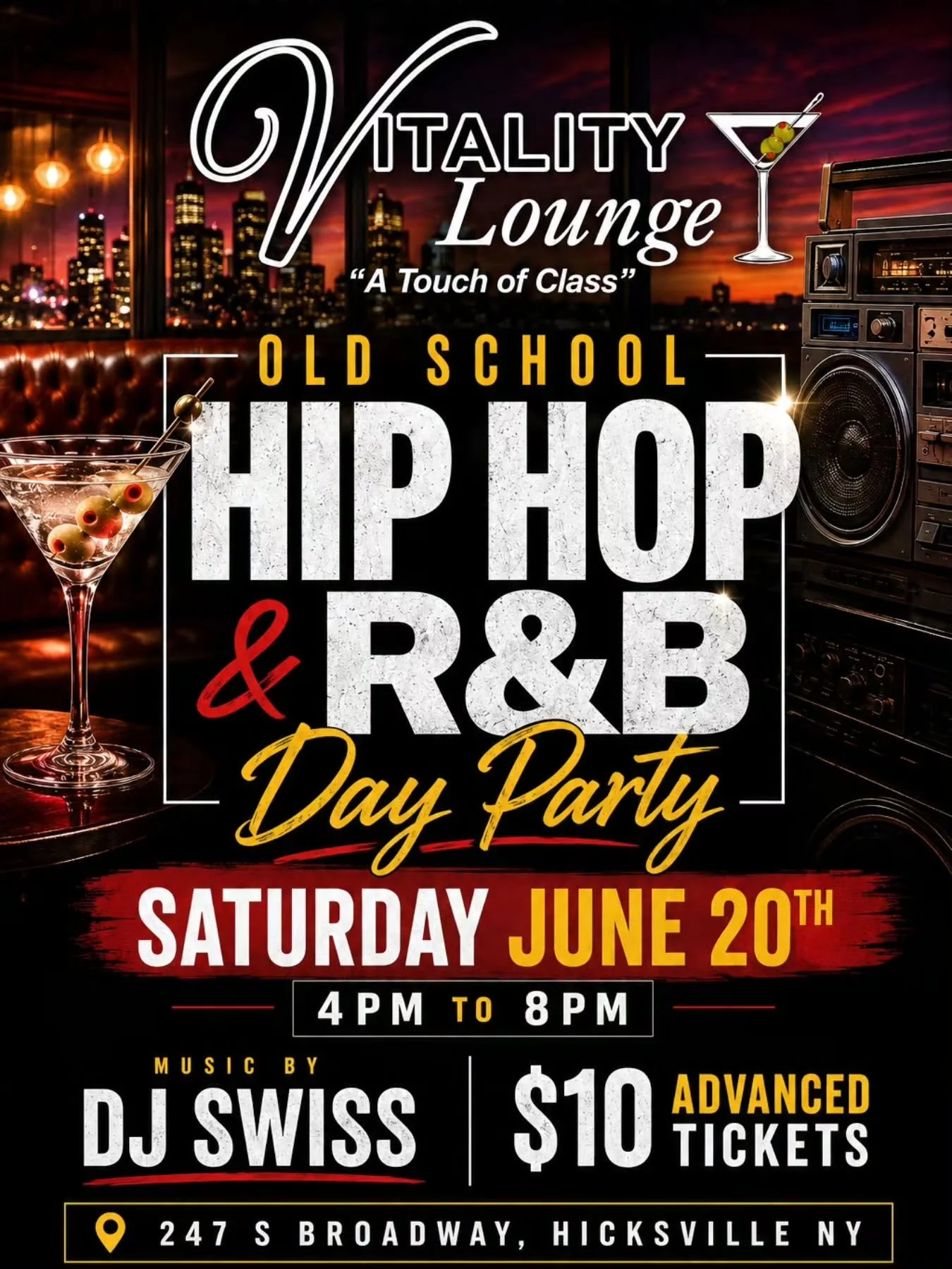 🎶 OLD SCHOOL HIP HOP &amp; R&amp;B DAY PARTY 🎶

Saturday, June 20th | 4PM&ndash;8PM

Get ready for an afternoon packed with throwback hits, feel-good vibes, and nonstop energy as DJ Swiss spins the best Old School Hip Hop &amp; R&amp;B classics!

?