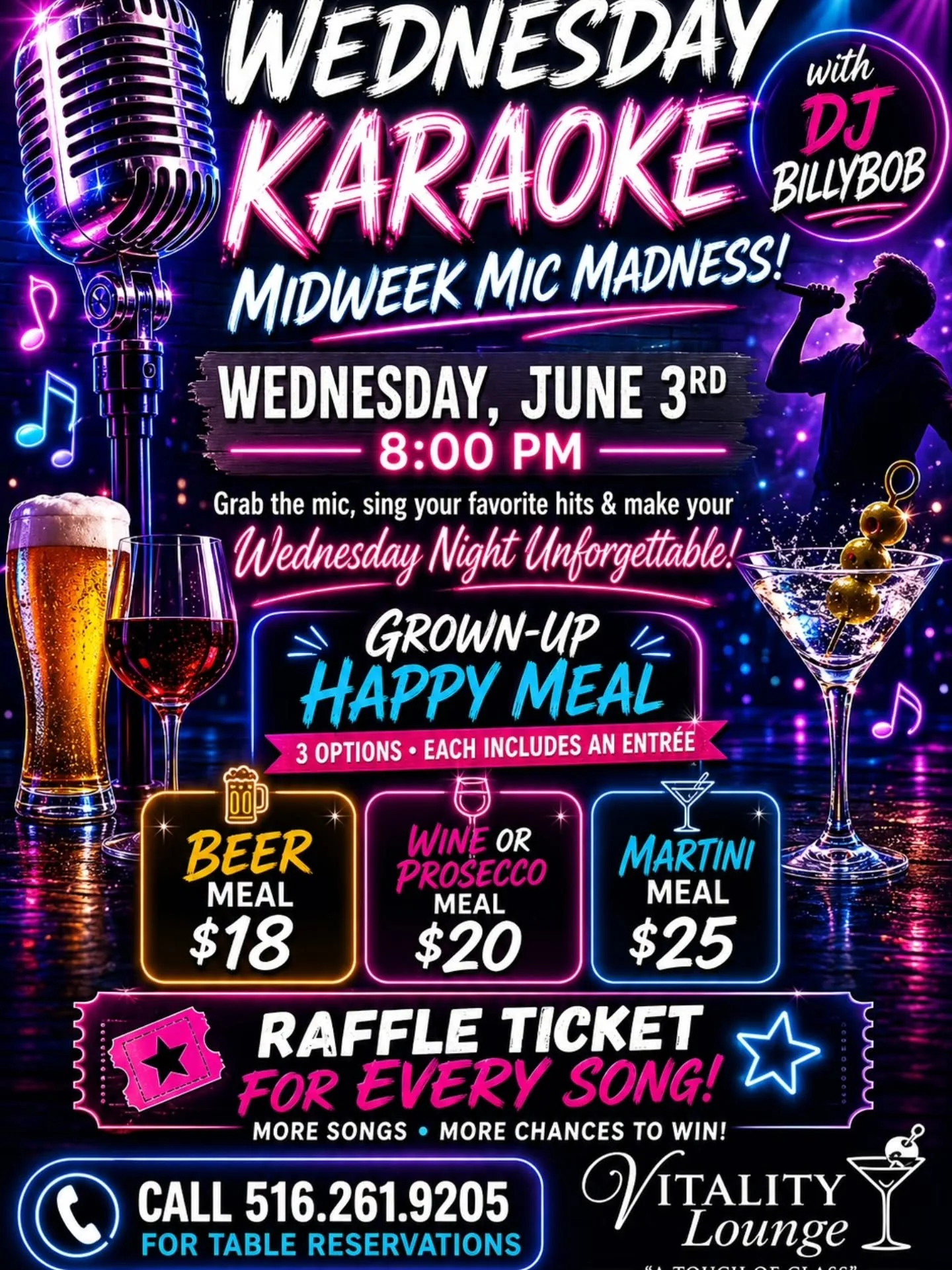 🎤 MIDWEEK MIC MADNESS 🎤

Think you've got what it takes to own the stage? Join DJ BillyBob for a night of karaoke, great food, drink specials, and nonstop fun!

🎟️ Get a raffle ticket for EVERY song you sing!

🍔 Grown-Up Happy Meal Specials:
🍺 B