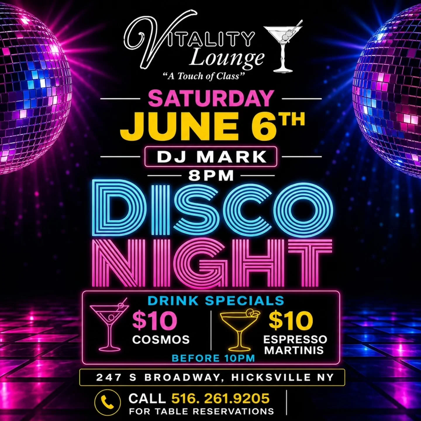 🪩 DISCO NIGHT is back! 🪩

Get ready to dance the night away with DJ Mark spinning all your favorite disco classics and feel-good dance hits starting at 8PM. ✨

🍸 Drink Specials Before 10PM:
&bull; $10 Cosmos
&bull; $10 Espresso Martinis

Gather yo