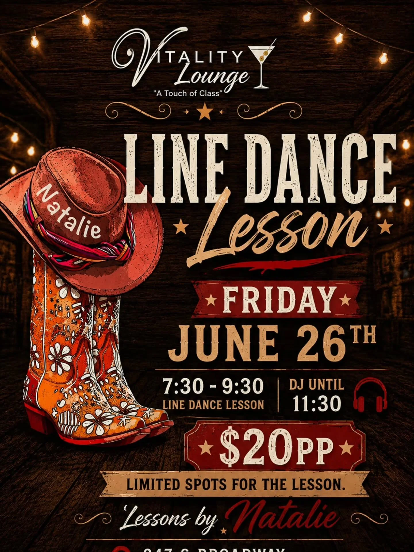 👢 LINE DANCE NIGHT 👢

Ready to learn line dancing?

Join Natalie for a fun, beginner-friendly lesson at Vitality Lounge! No experience and no partner needed.

📅 Friday, June 26
⏰ Lessons: 7:30 PM &ndash; 9:30 PM
🎵 DJ &amp; Dancing Until 11:30 PM
