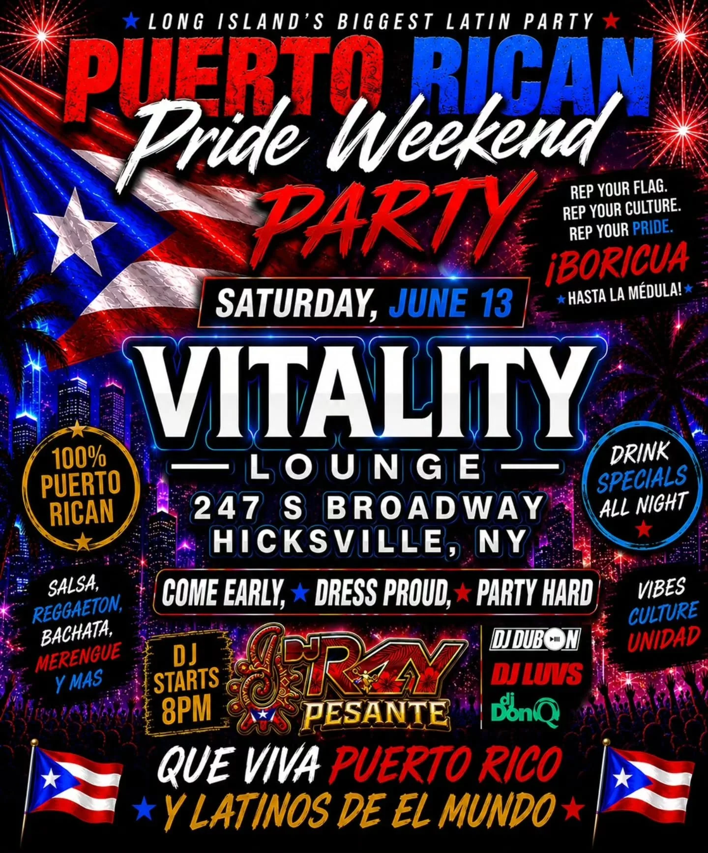 🇵🇷 Puerto Rican Pride is coming to Vitality this Saturday! 🇵🇷

Join us Saturday, June 13th starting at 8 PM for a night filled with Salsa, Bachata, Merengue, and Reggaeton with DJ Ray Pesante spinning all your favorite Latin hits.

Wear your Puer