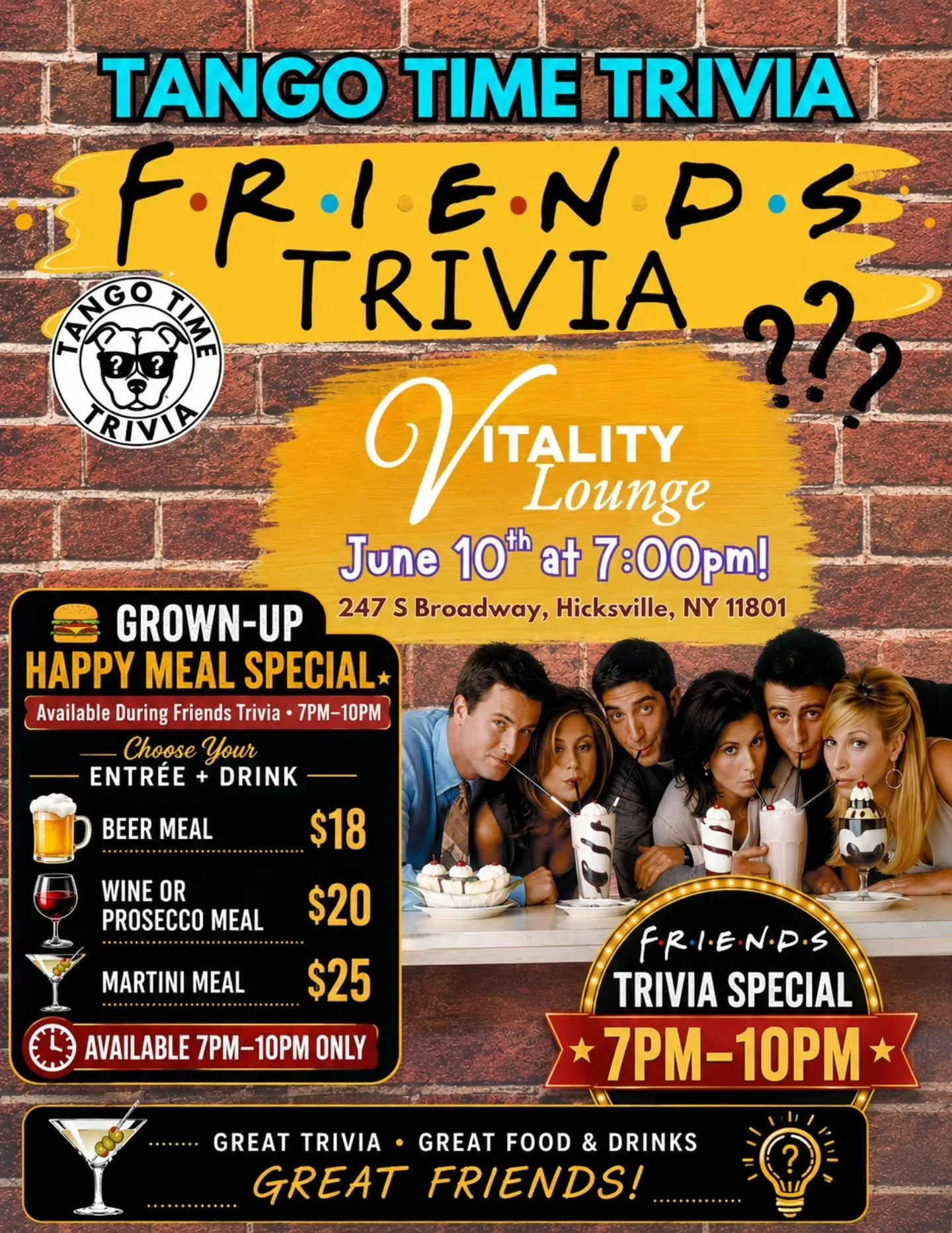 🚨 TOMORROW NIGHT! 🚨

Grab your friends and join us for Trivia Night at Vitality Lounge! 

Test your knowledge, enjoy great food and drinks, and compete for bragging rights in a fun and lively atmosphere.

🍔 Grown-Up Happy Meal Specials available u
