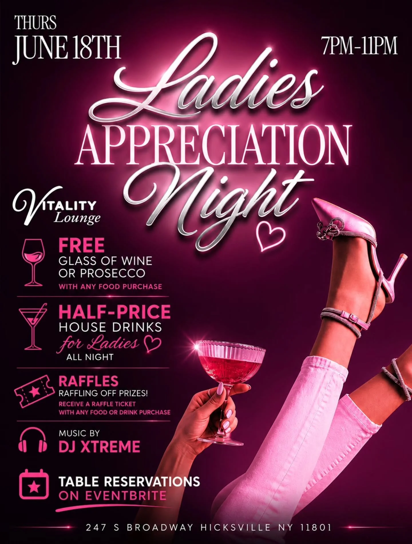 💖 Ladies, this night is for you! 💖

Join us Thursday, June 18th from 7PM&ndash;11PM for Ladies Appreciation Night at Vitality Lounge!

🍷 FREE glass of wine or prosecco with any food purchase
🍸 Half-price house drinks for ladies all night
🎟️ Raff