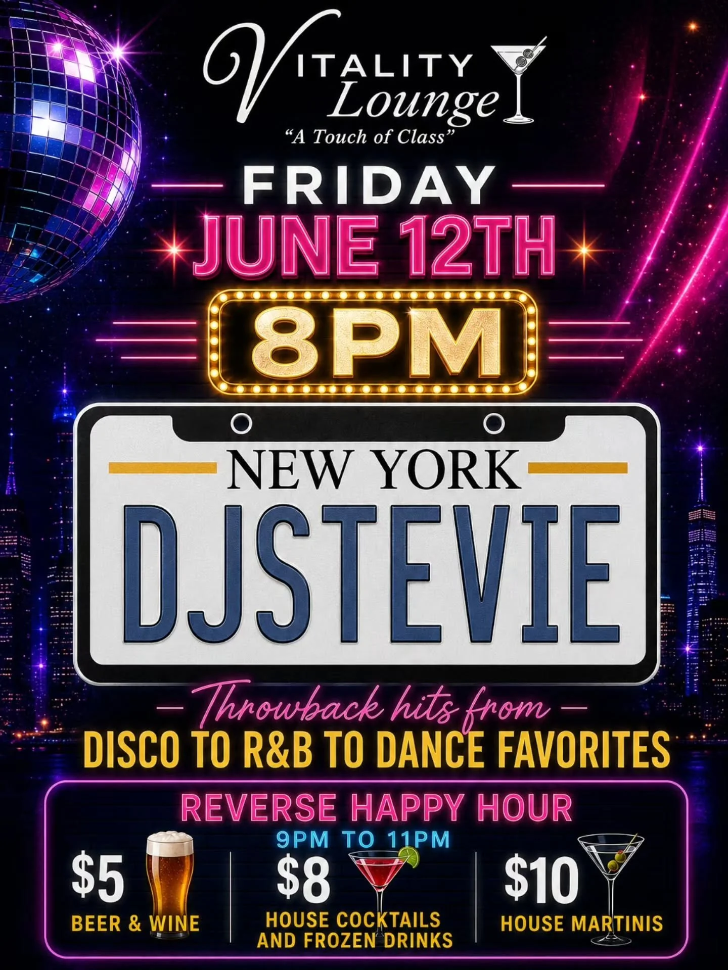 🚨 TONIGHT at Vitality Lounge! 🚨

DJ Stevie takes over at 8PM with all your favorite Disco, R&amp;B, and Dance classics. Grab your friends, enjoy great drinks, and dance into the weekend with us!

🍸 Reverse Happy Hour | 9PM&ndash;11PM
&bull; $5 Bee