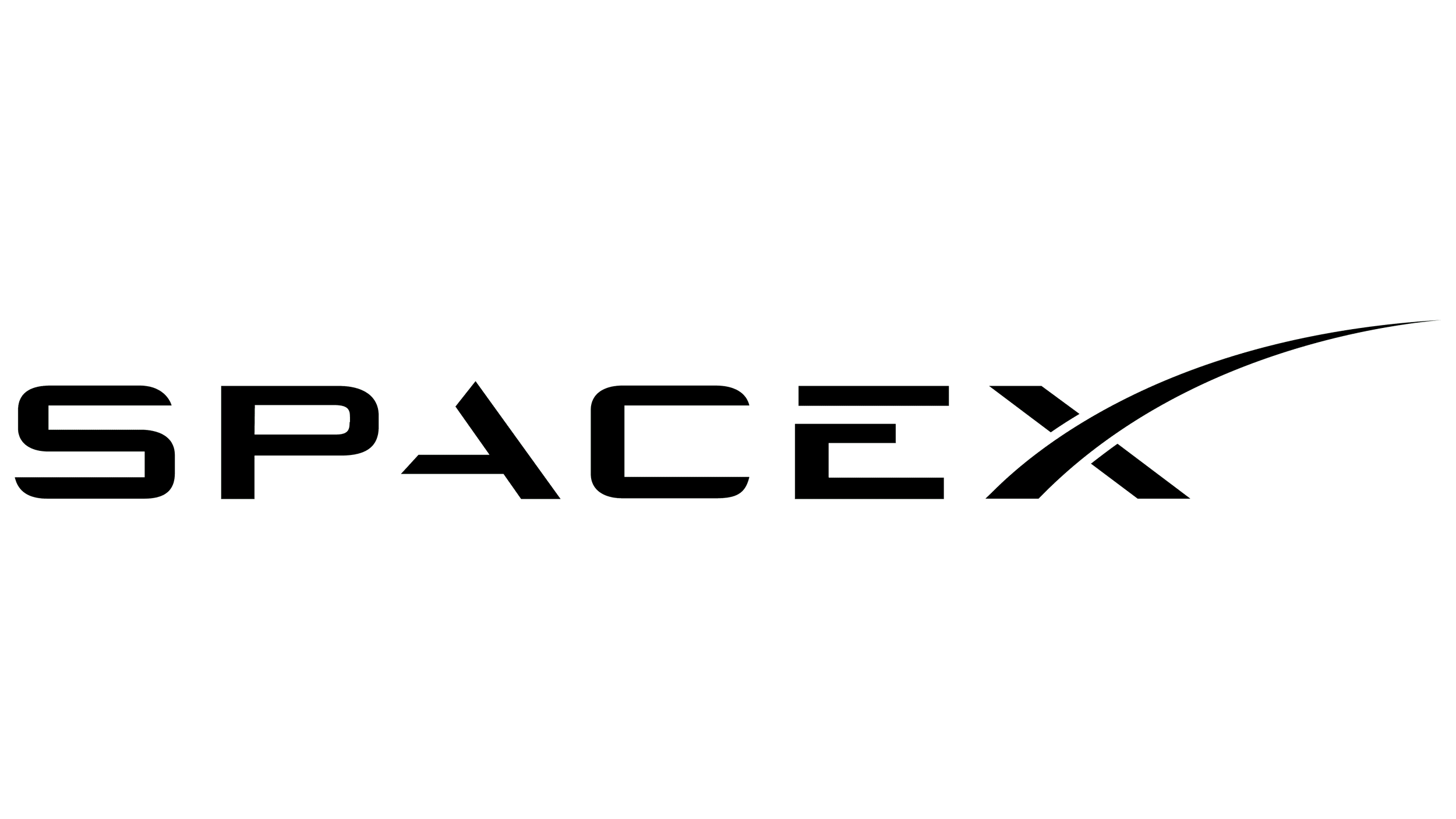 The logo of SpaceX, a space transportation company, with stylized text and a curved line design.