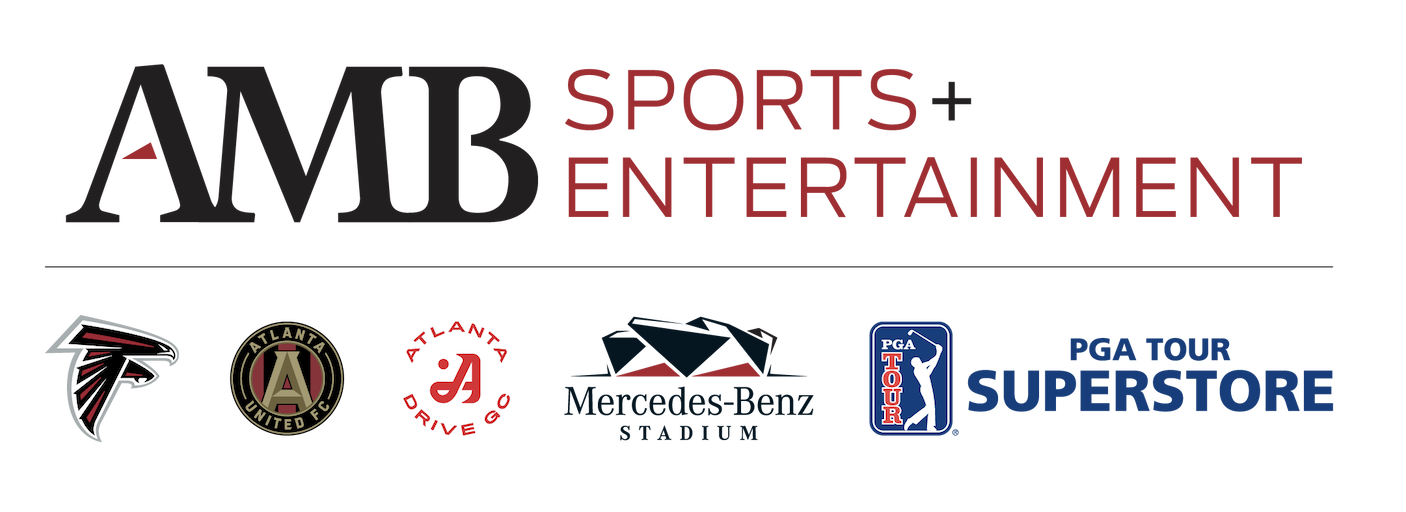 Logo of AMB Sports + Entertainment with various sports team and venue icons, including Atlanta Falcons, Atlanta United FC, Atlanta Drive Golf, Mercedes-Benz Stadium, and PGA Tour Superstore.