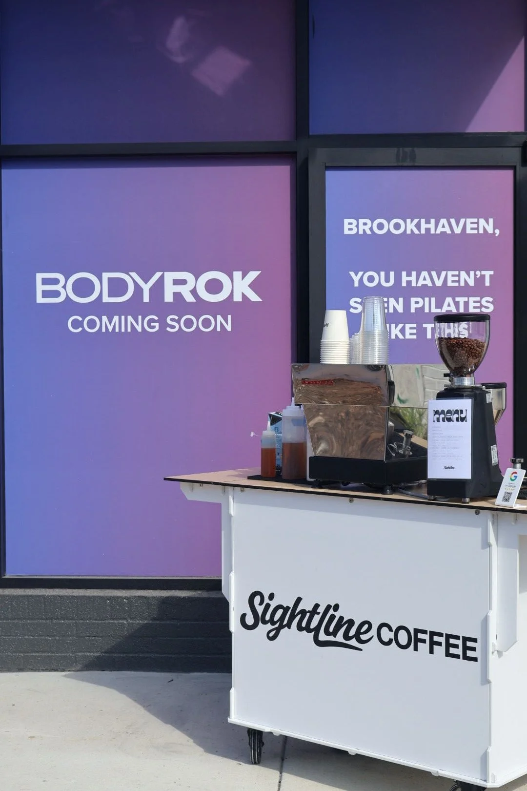 Sightline Coffee cart Atlanta set up outside BODYROK Brookhaven studio