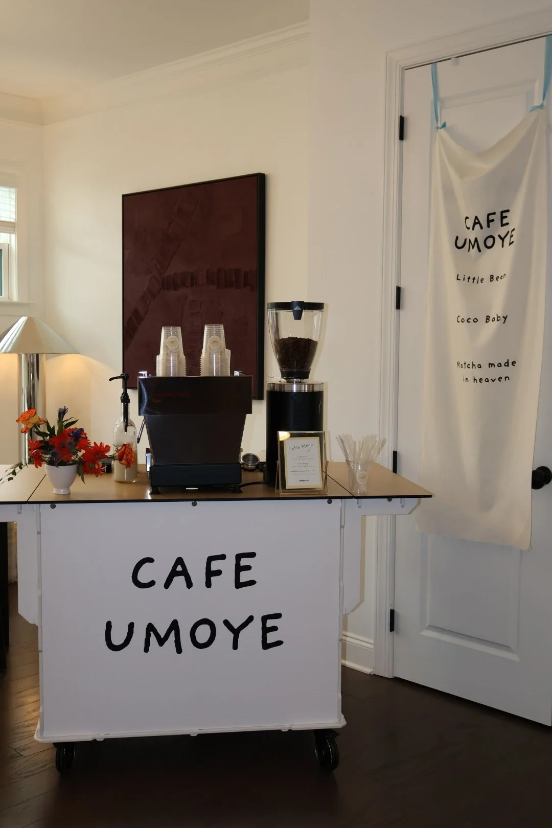 Custom-branded mobile coffee cart serving specialty drinks at a private baby shower in Columbus, GA.