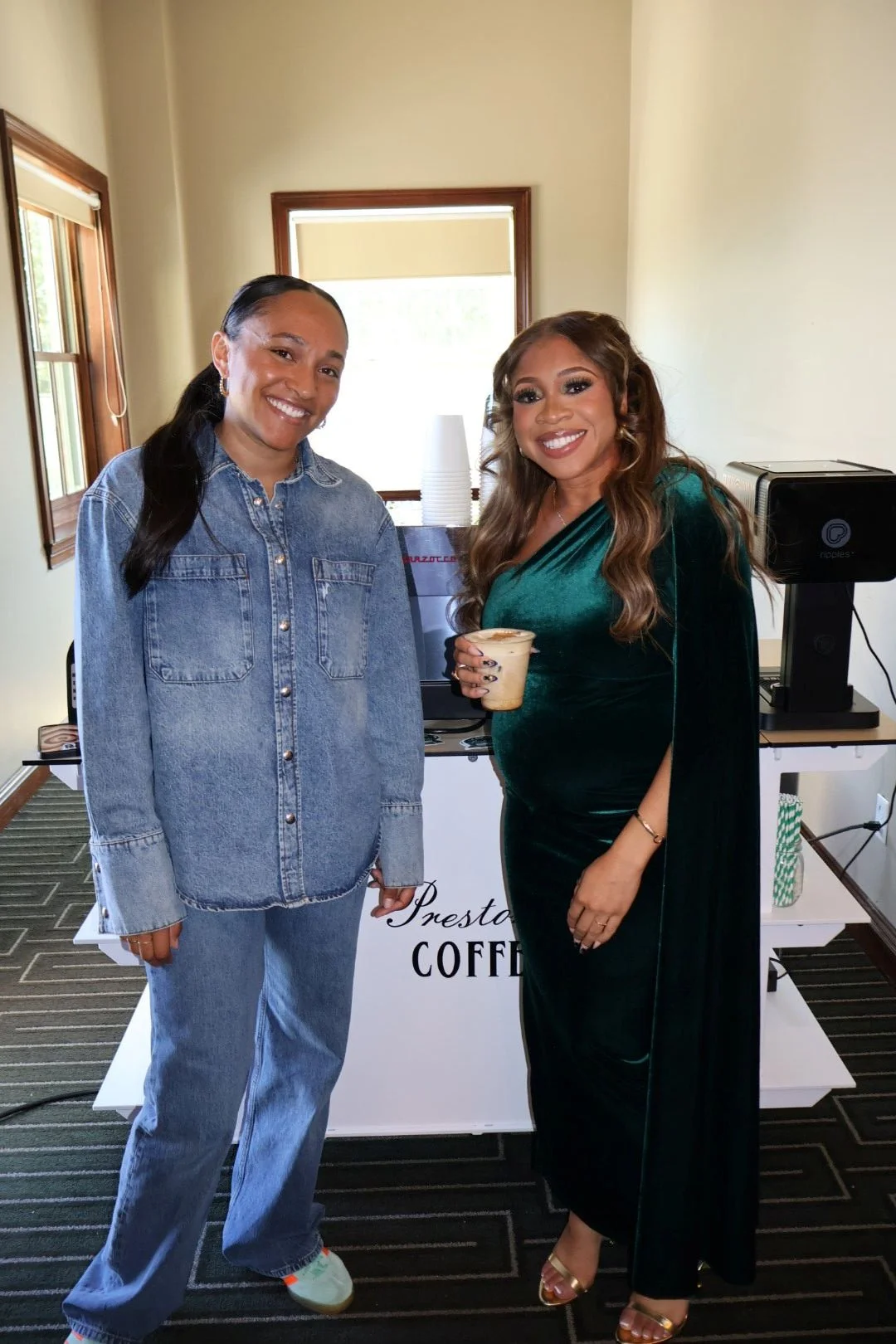Baby shower client enjoying a specialty coffee from the custom espresso cart