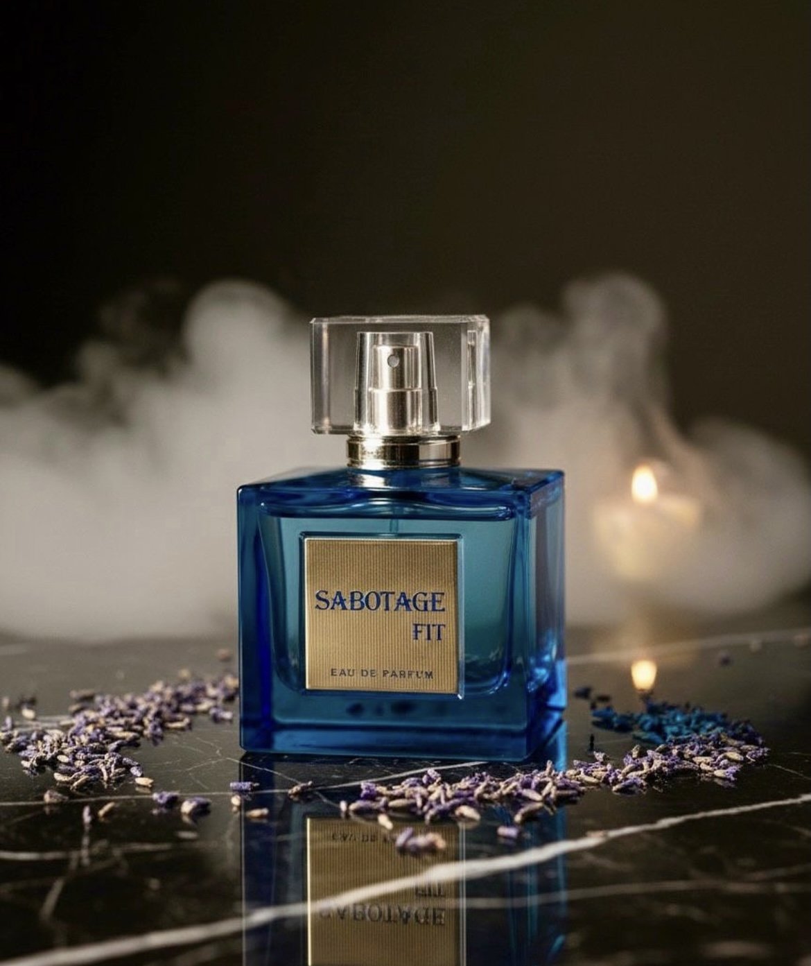 A blue perfume bottle labeled 'SABOTAGE FIT' on a reflective black surface, with lavender flowers scattered around and a smoky background.
