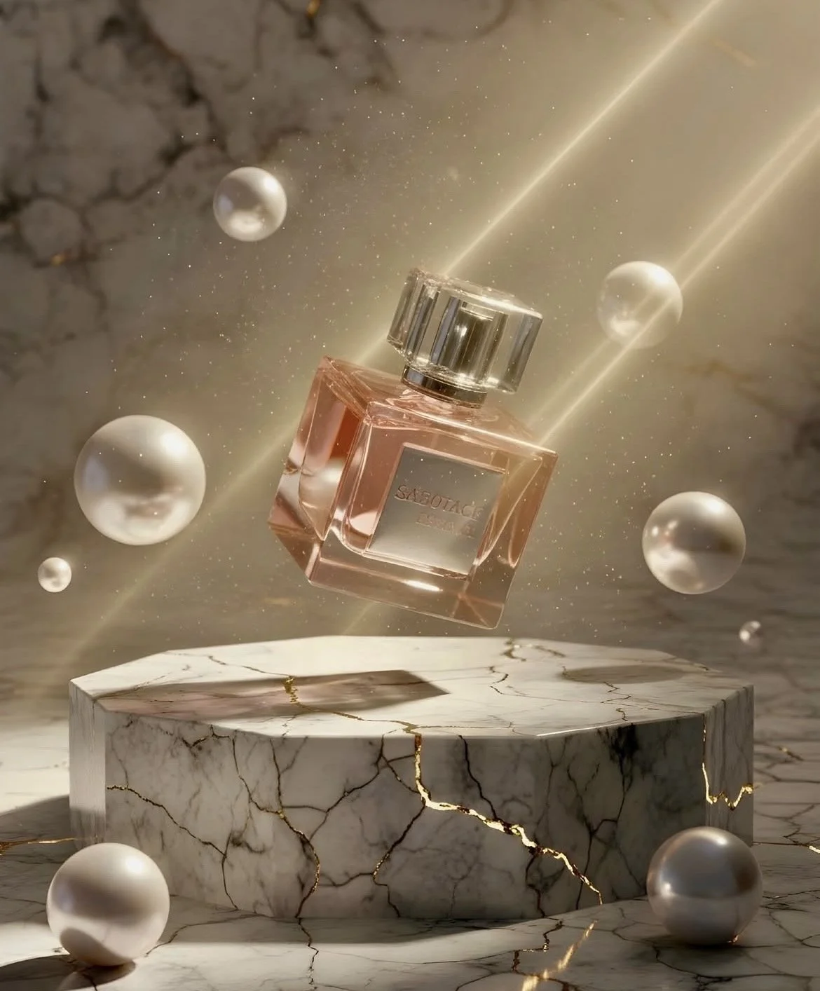 A perfume bottle with a pink liquid inside, floating above a white marble pedestal with gold veining, surrounded by decorative white and silver spheres and illuminated by diagonal golden light beams.