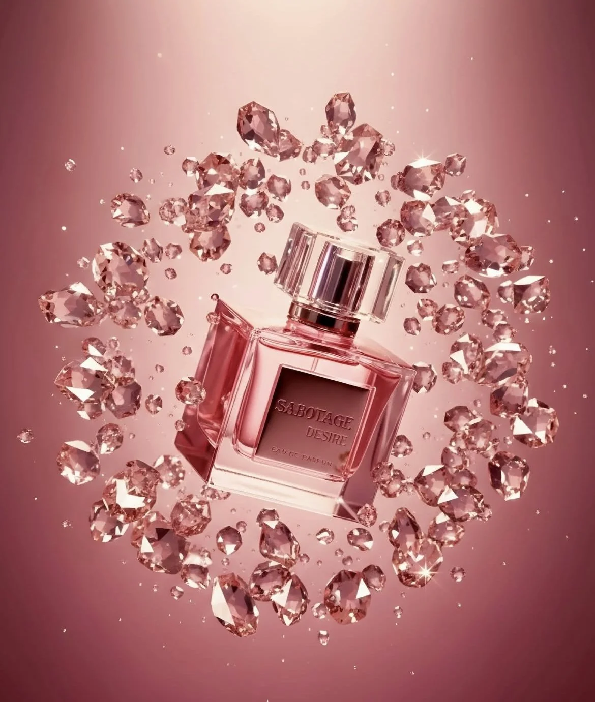 A pink perfume bottle labeled 'SABOTAGE DESIRE' surrounded by pink gemstones and crystals on a pink background.