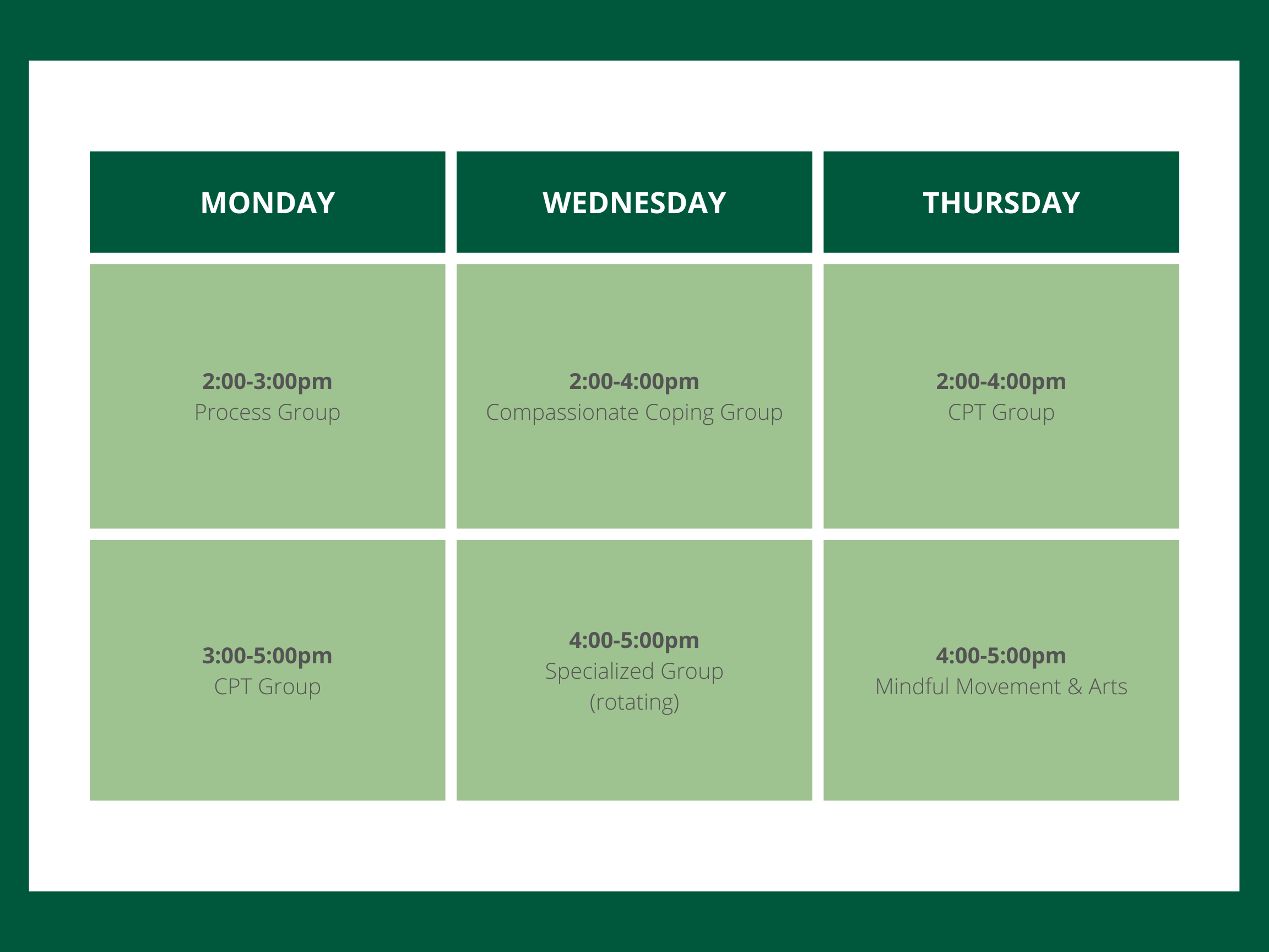 Weekly schedule with three columns labeled Monday, Wednesday, Thursday. Each column contains time slots and group names for different activities.