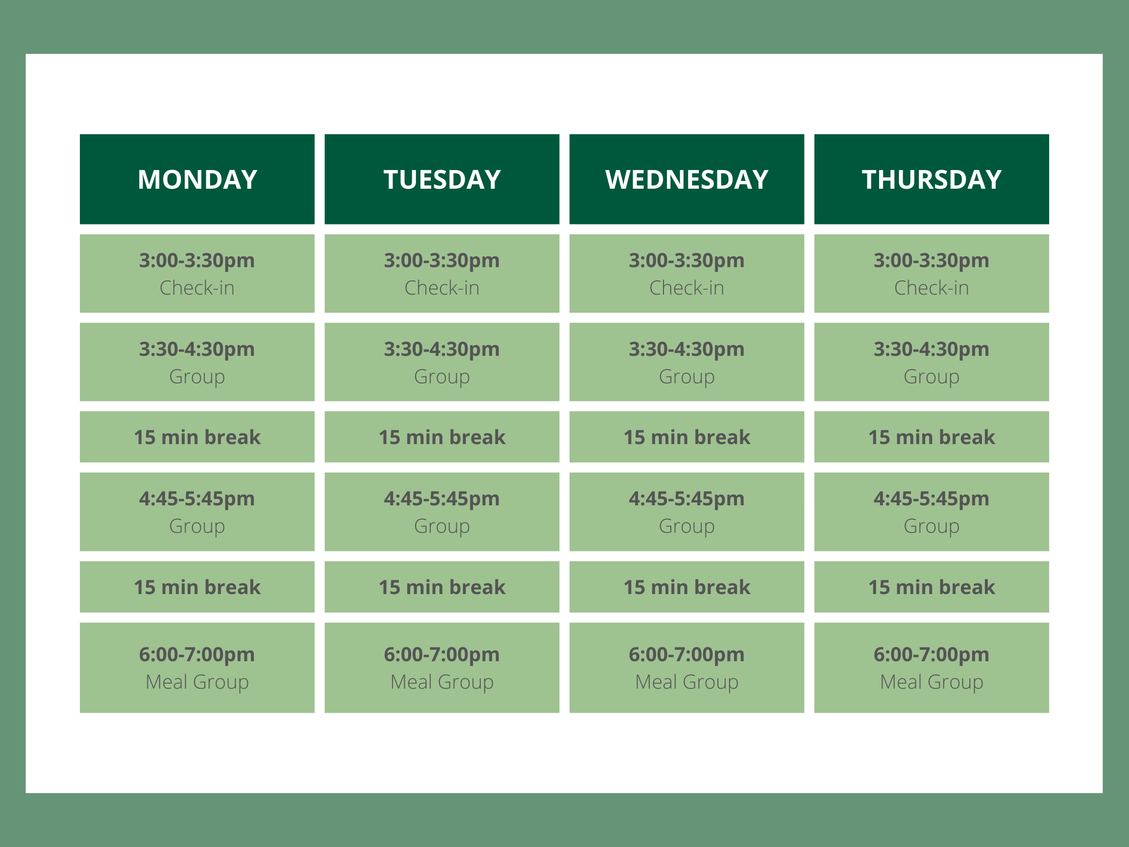 Weekly schedule with daily activities including check-in, group sessions, breaks, and meal groups from Monday to Thursday.
