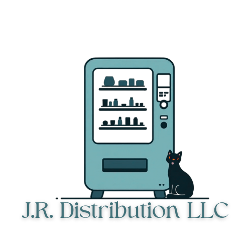 Logo of J.R. Distribution LLC featuring a vending machine with a black cat sitting beside it.