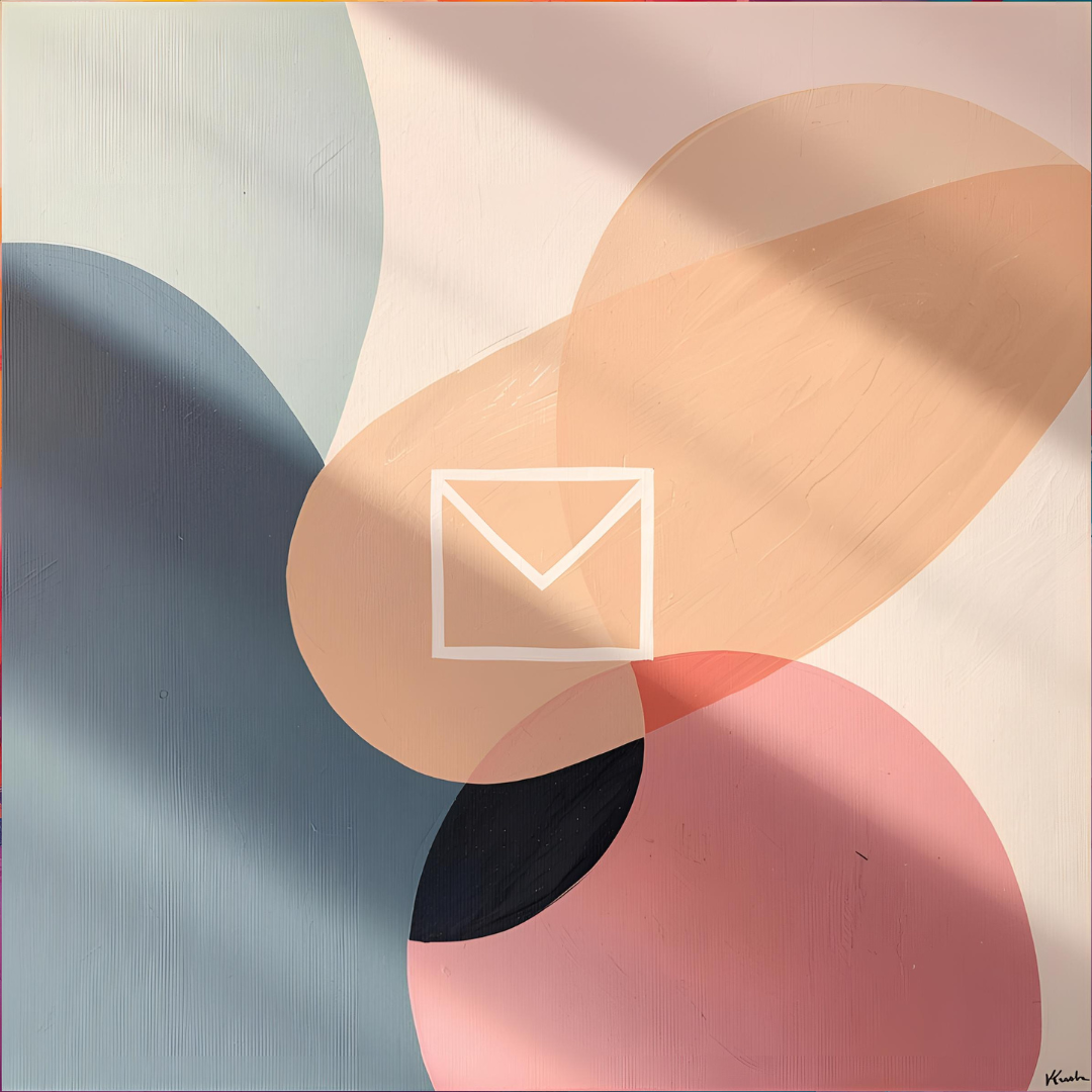 Abstract artwork with overlapping pastel-colored circles in shades of blue, peach, pink, and black, with a white envelope icon in the center.