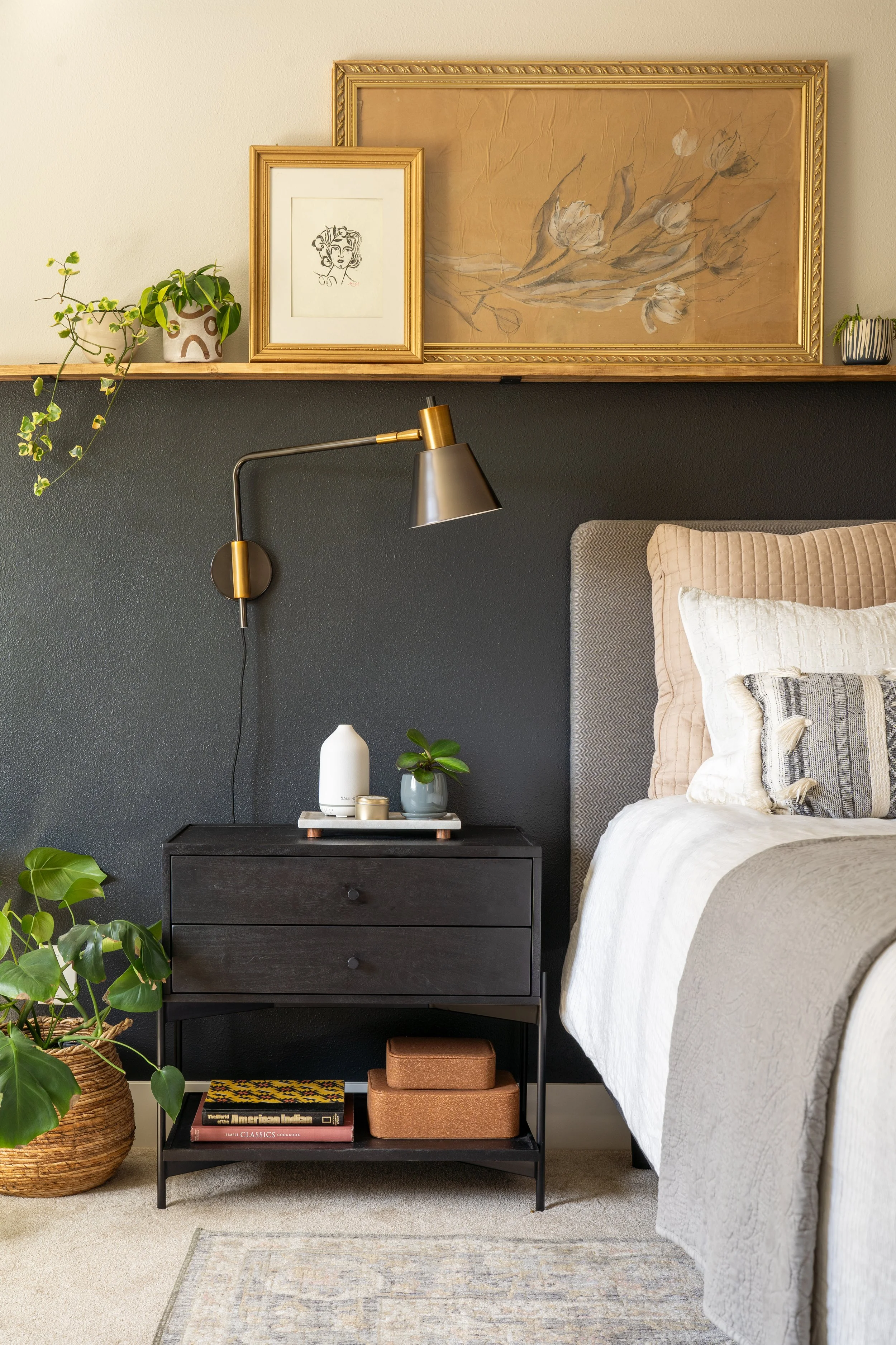 Snohomish, WA | Primary Bedroom Remodel | Framed Pictures on shelf above bed and nightstand