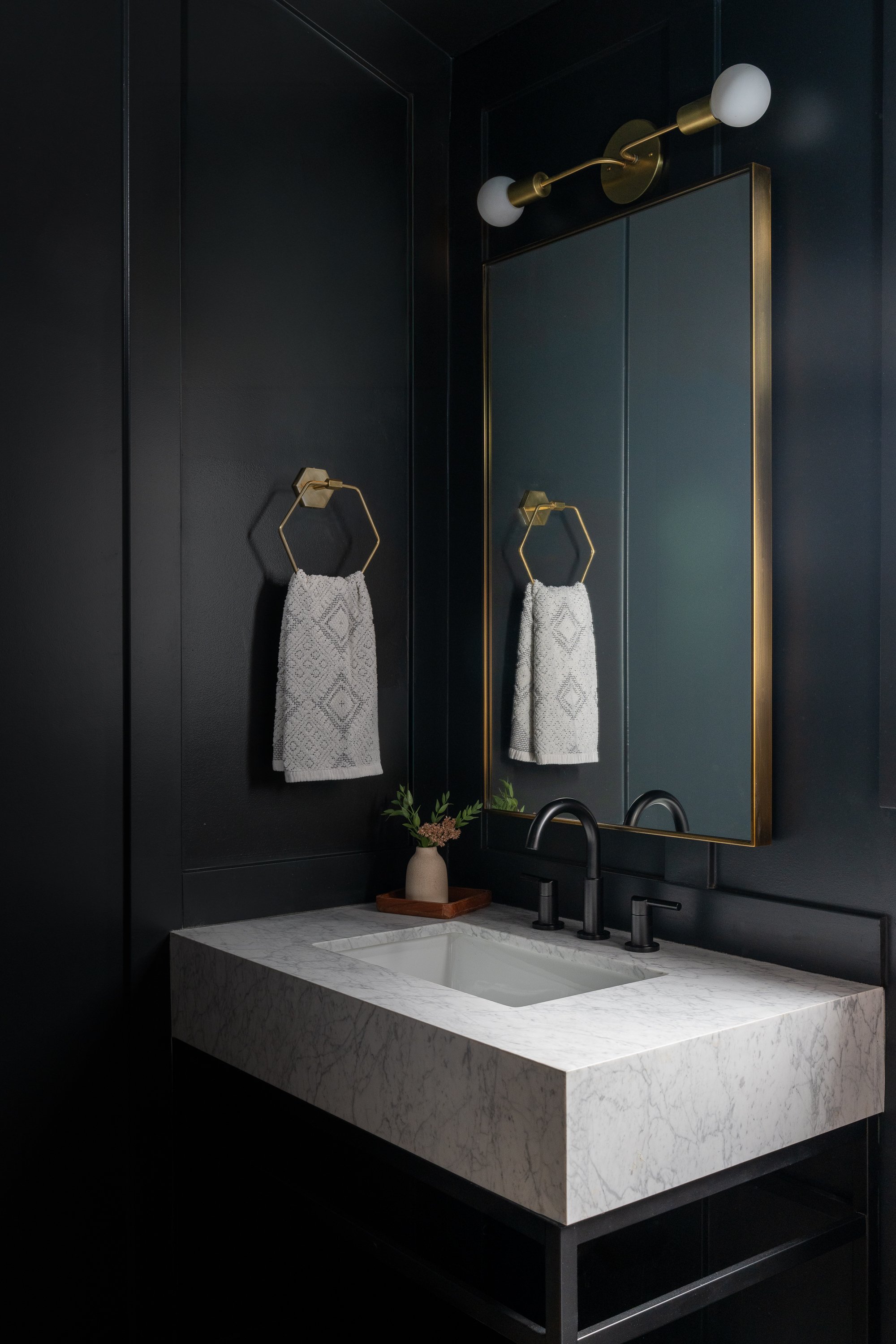 Kirkland | Powder Bath Remodel | Stone Vanity and Dark Walls