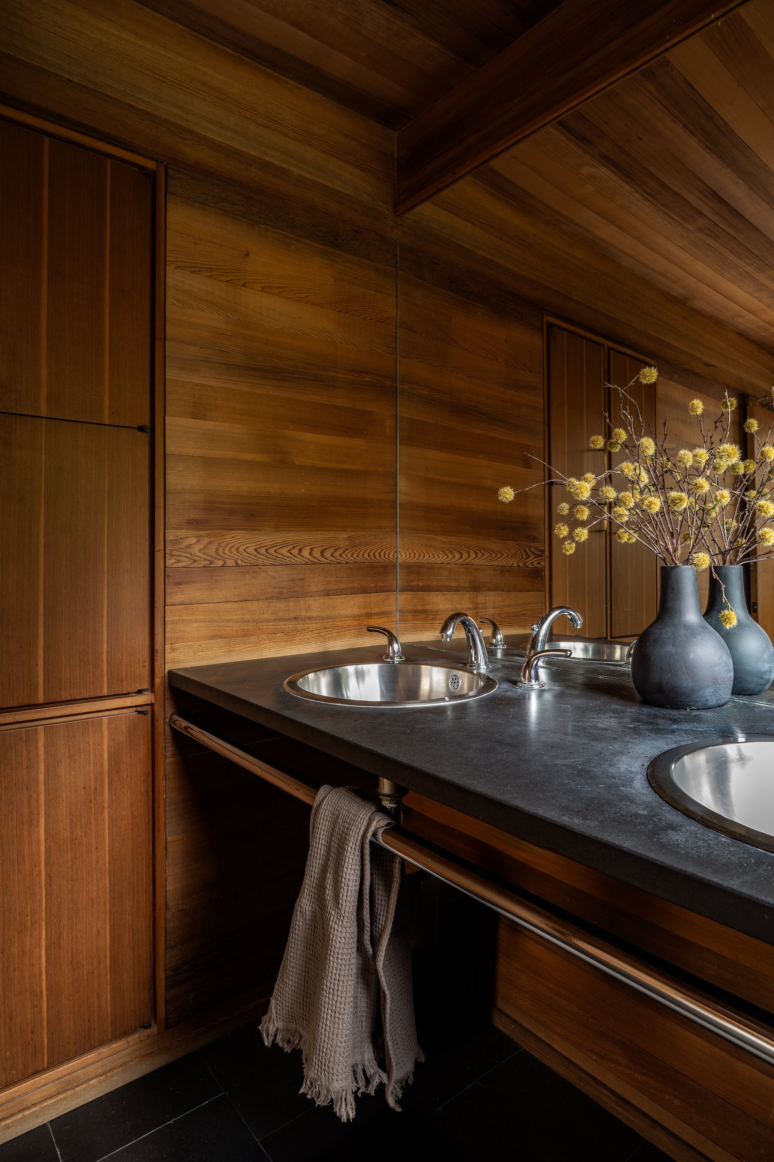 Bainbridge Island | Bathroom Design | Wood Walls and ceiling surround stone vanity
