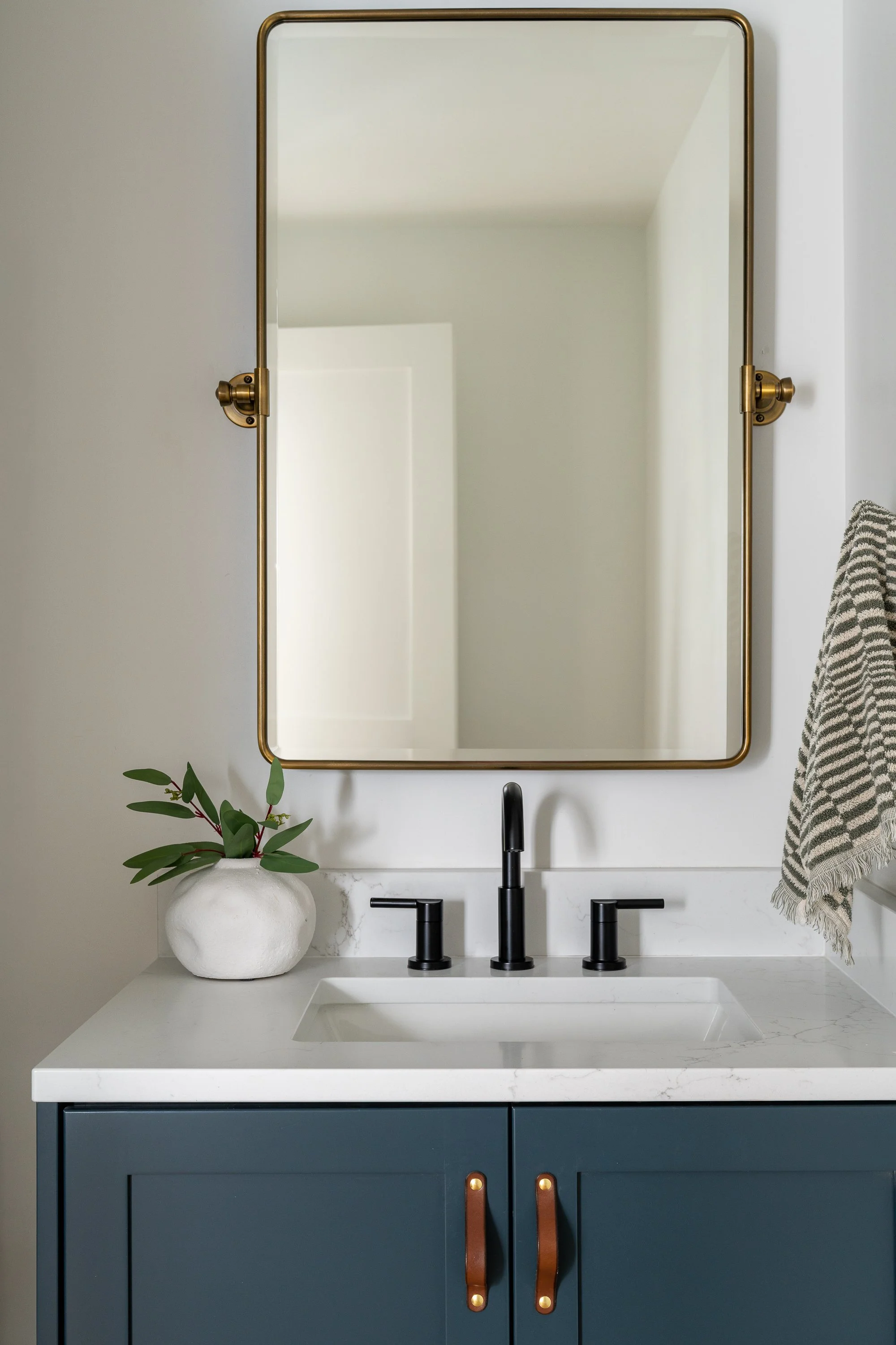 Kirkland | Guest Bath Remodel | Blue Vanity with Leather Pulls