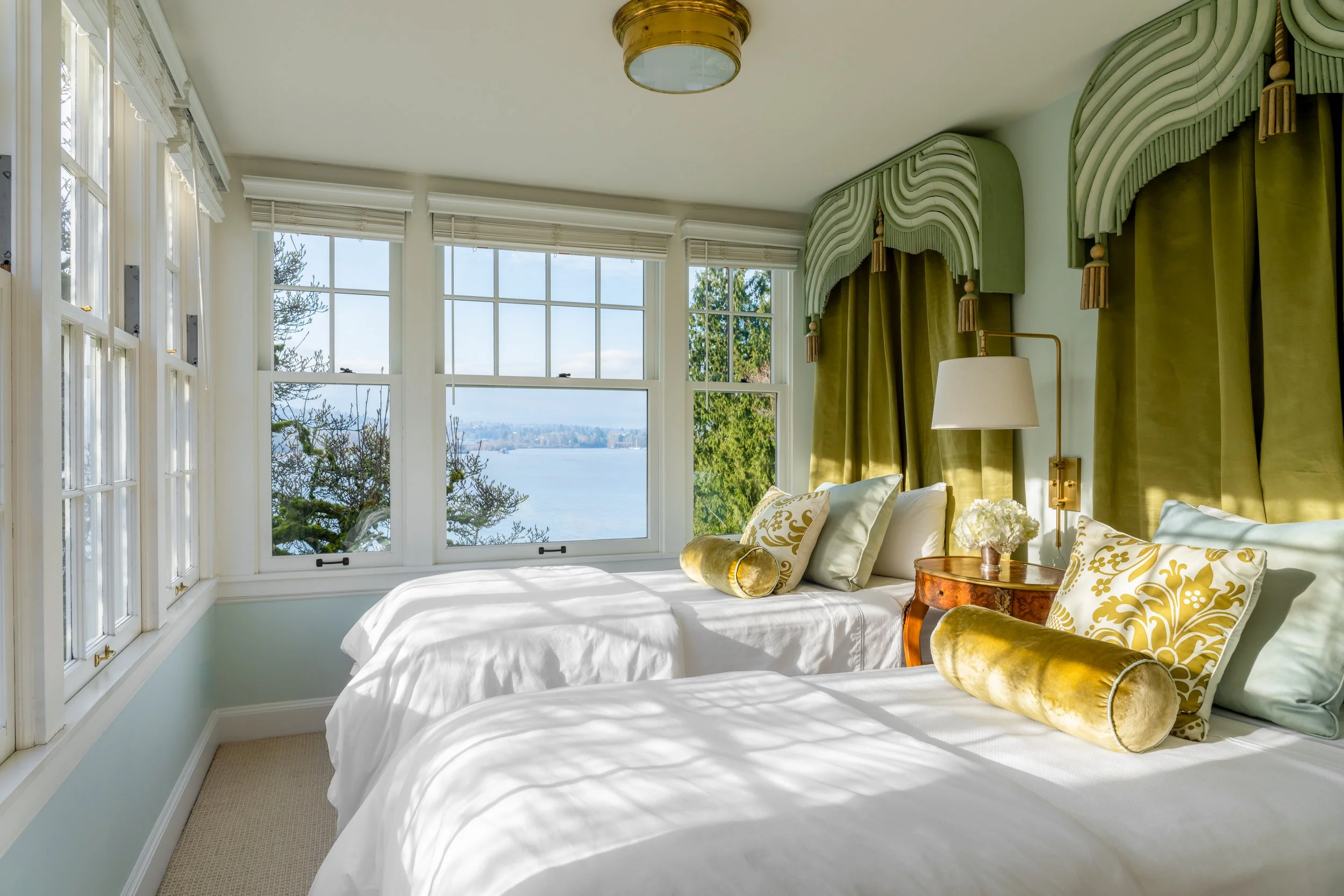 Remodeled guest bedroom overlooking Lake Washington in Seattle, WA. 