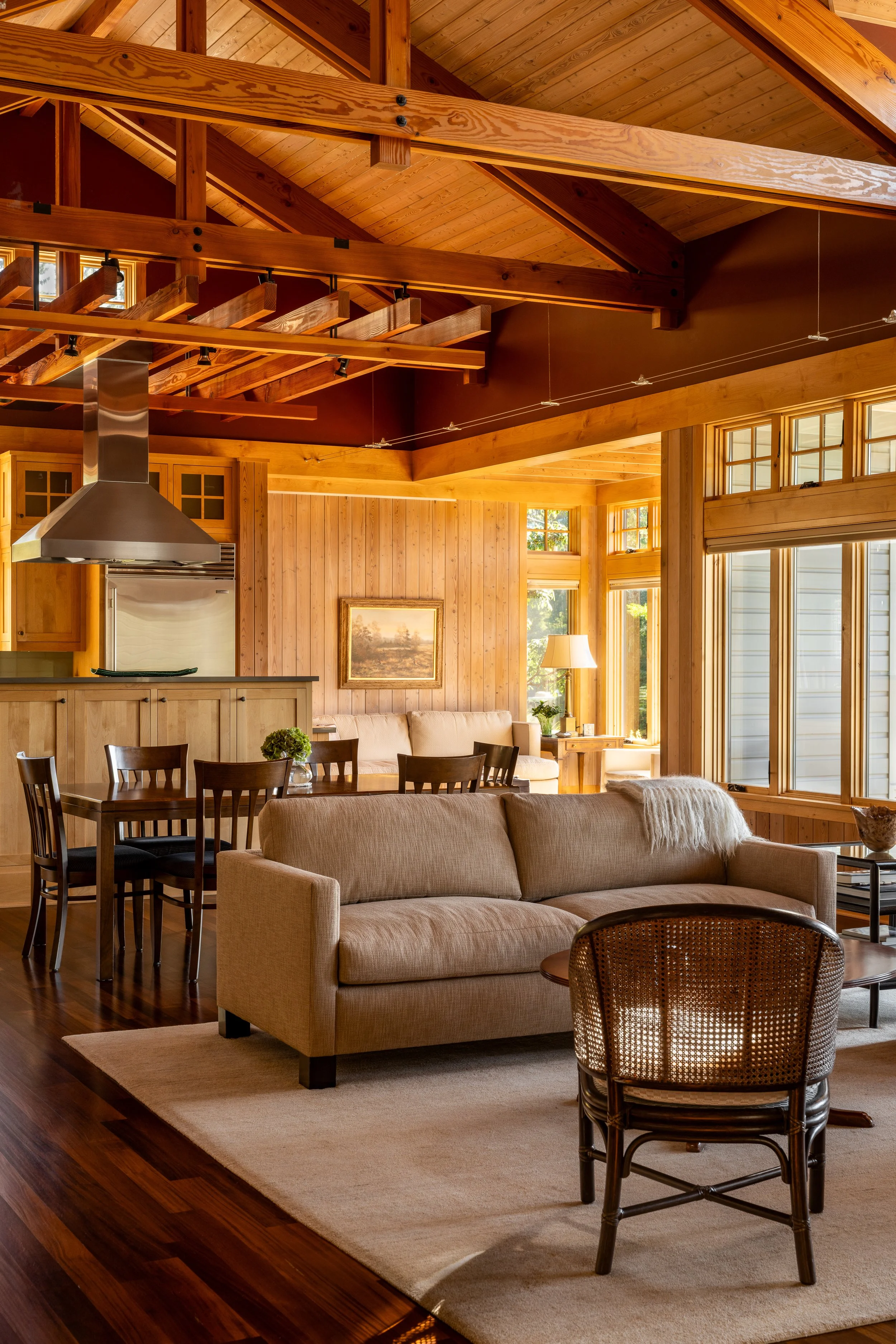 Bainbridge Island, WA | New Construction | Living, Dining, and Kitchen with vaulted wood ceiling 