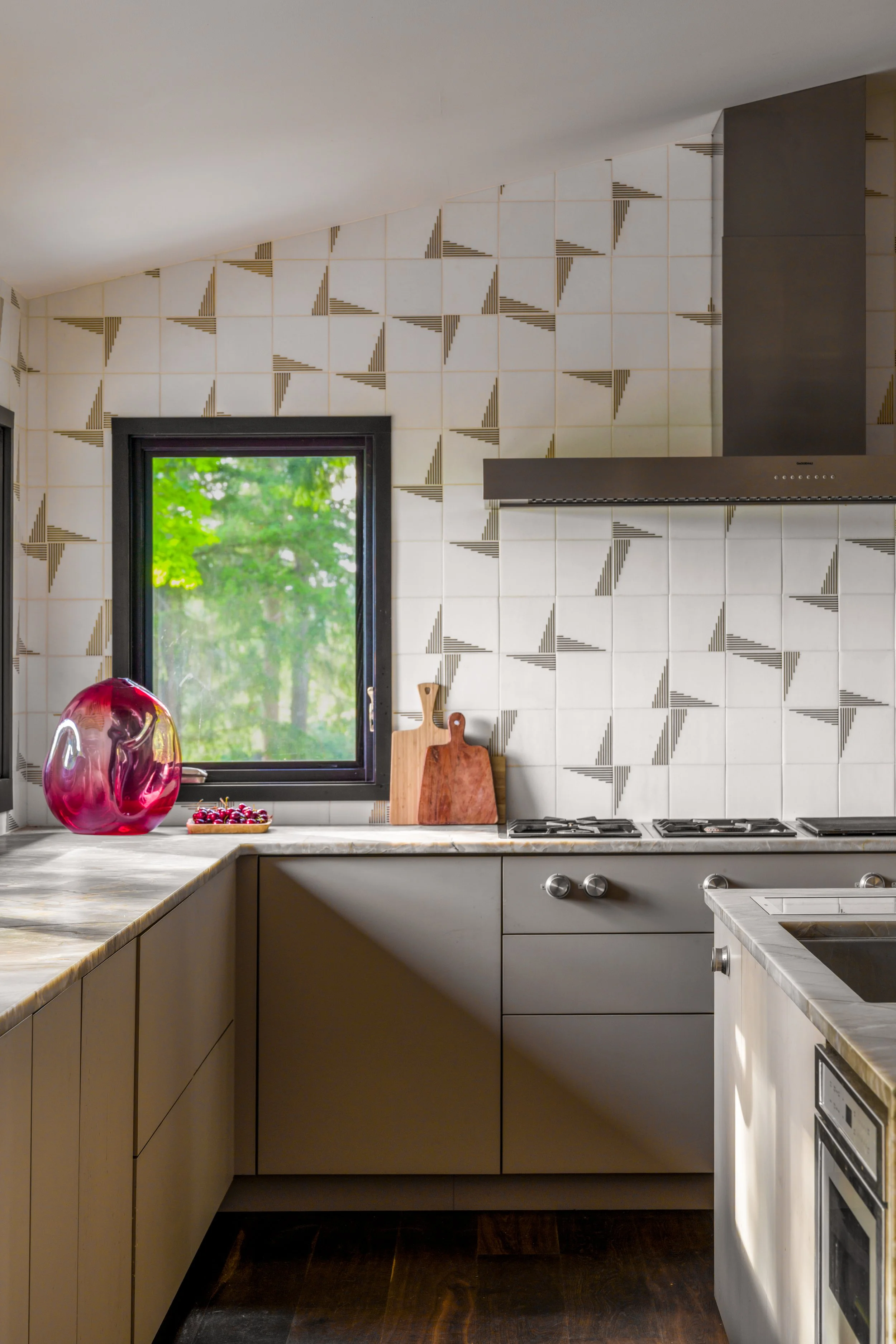Gig Harbor, WA | Kitchen Remodel | Vignette of Kitchen corner with stove at sunset