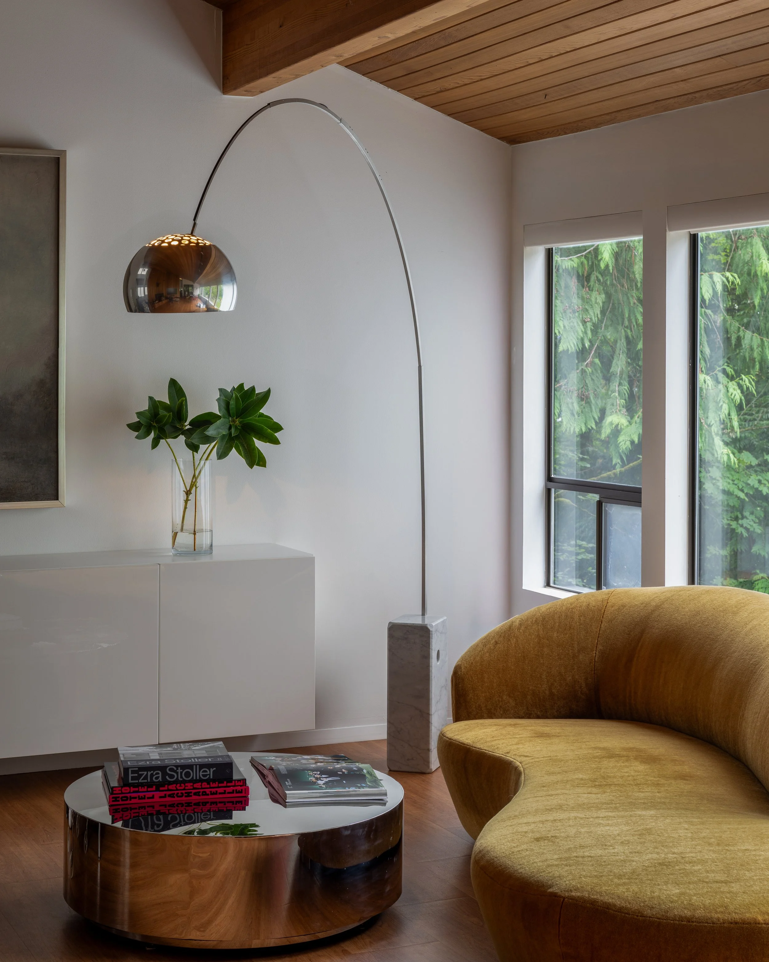 Bainbridge Island | Living Room Remodel | Kagan serpentine sofa and arco floor lamp