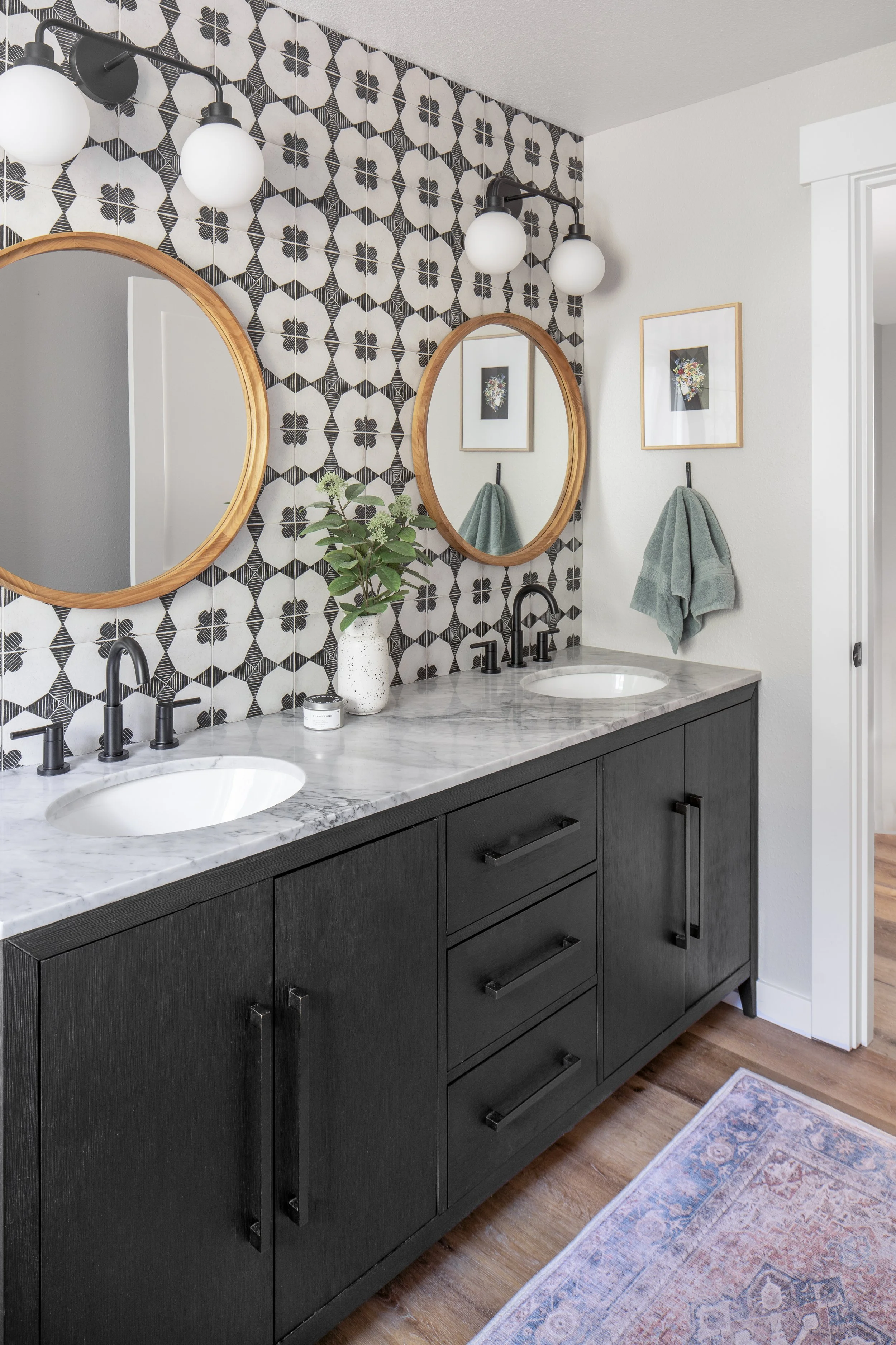 Snohomish, WA | Guest Bedroom Remodel | Double Sink vanity with graphic printed tile backsplash. 