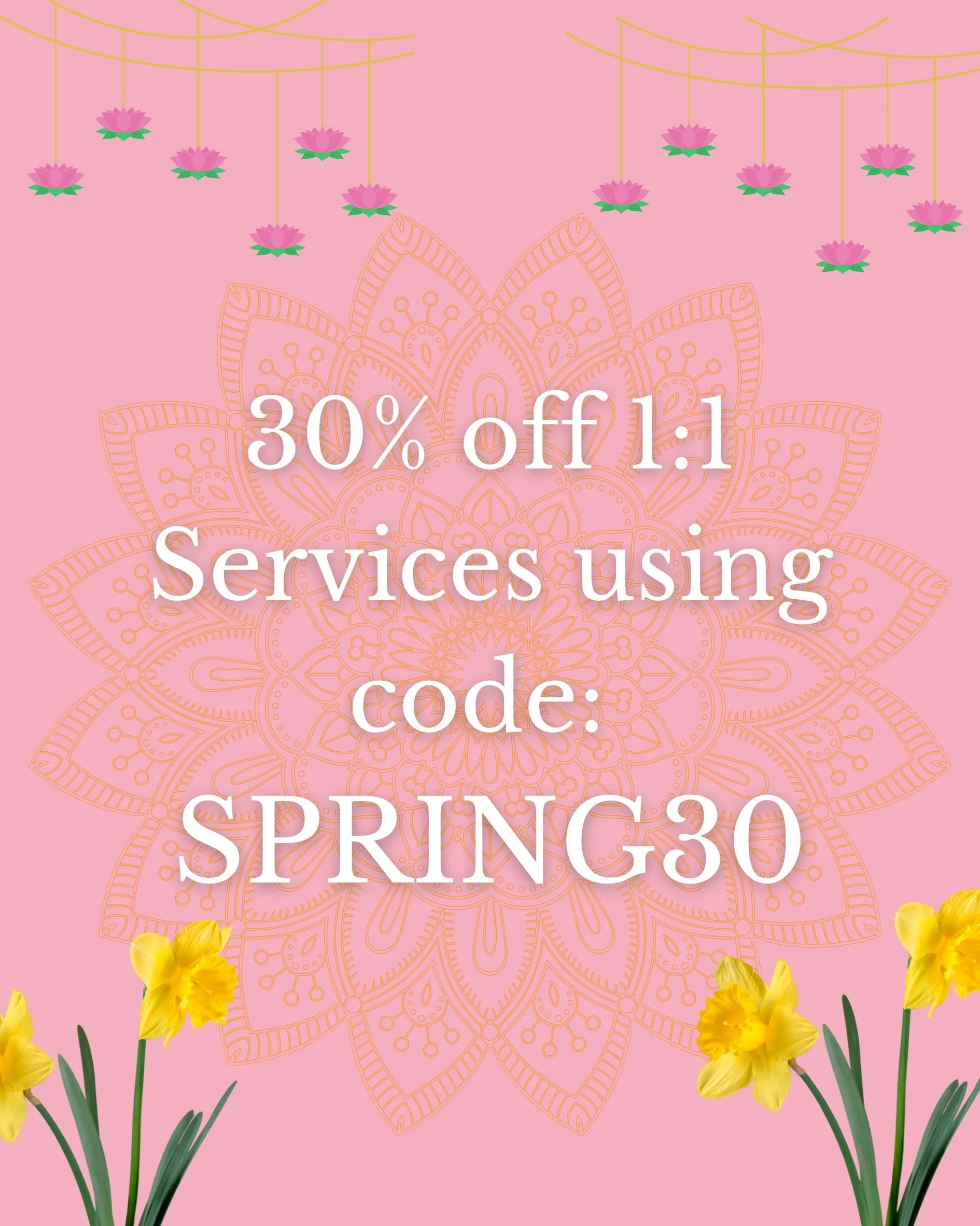 Pink background with yellow flowers at the bottom and pink lotus flower illustrations at the top. Text overlay advertising a 30% discount using code SPRING30.