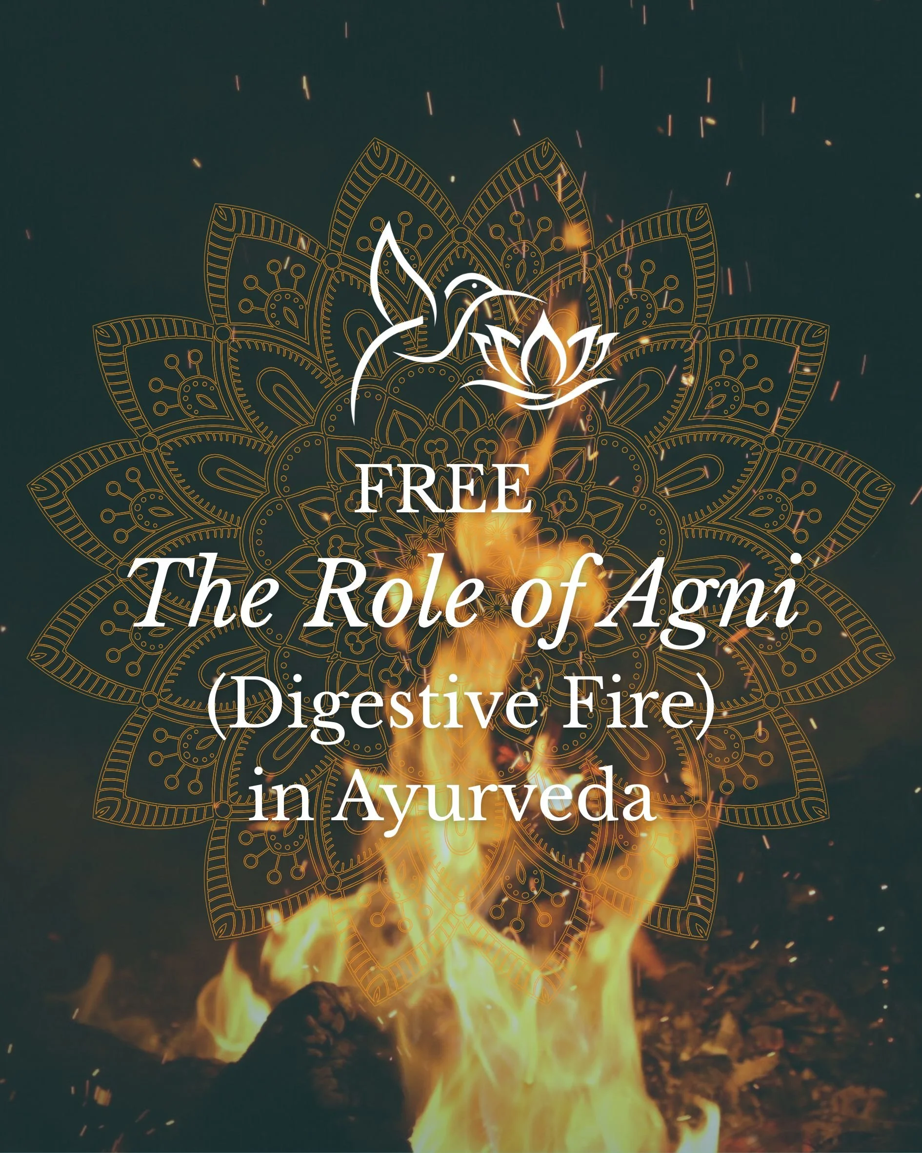 A fire burning with a decorative mandala pattern in the background and text that reads 'Free The Role of Agni (Digestive Fire) in Ayurveda.'