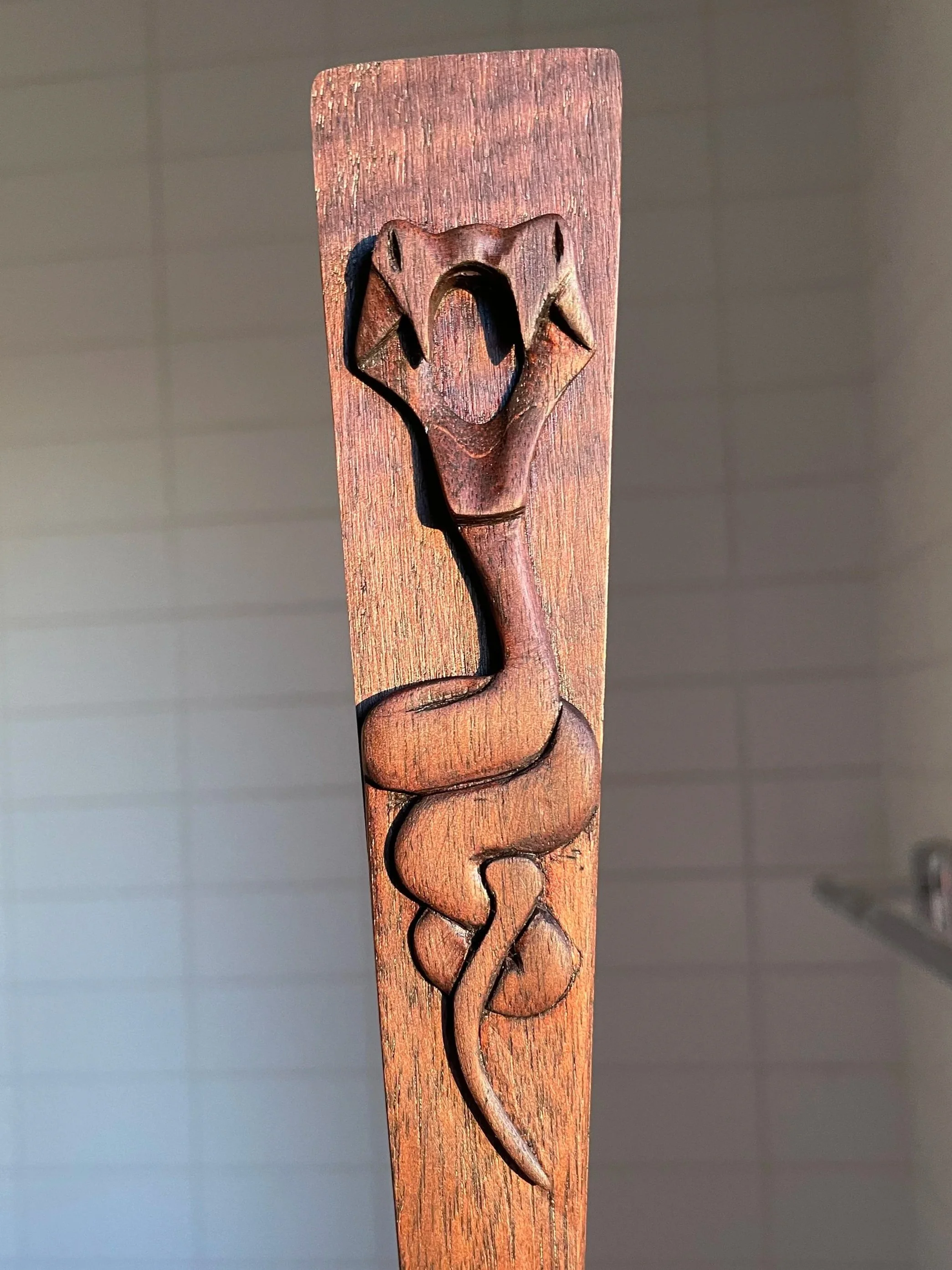 Carved wooden fan guard with a snake image, set against a wooden background.