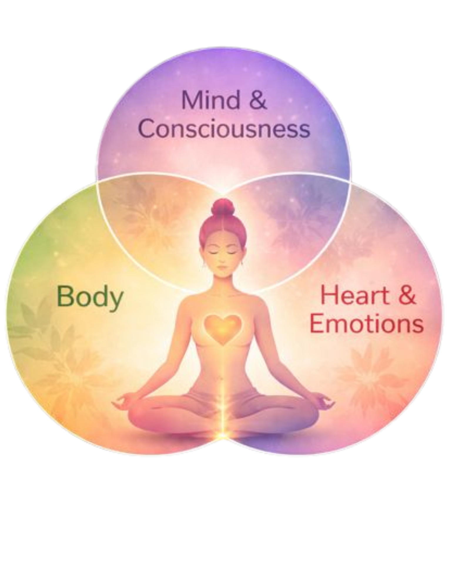 Diagram of a woman meditating with overlapping circles labeled 'Mind & Consciousness', 'Body', and 'Heart & Emotions'. Qigong for the MInd, body and Sprit
