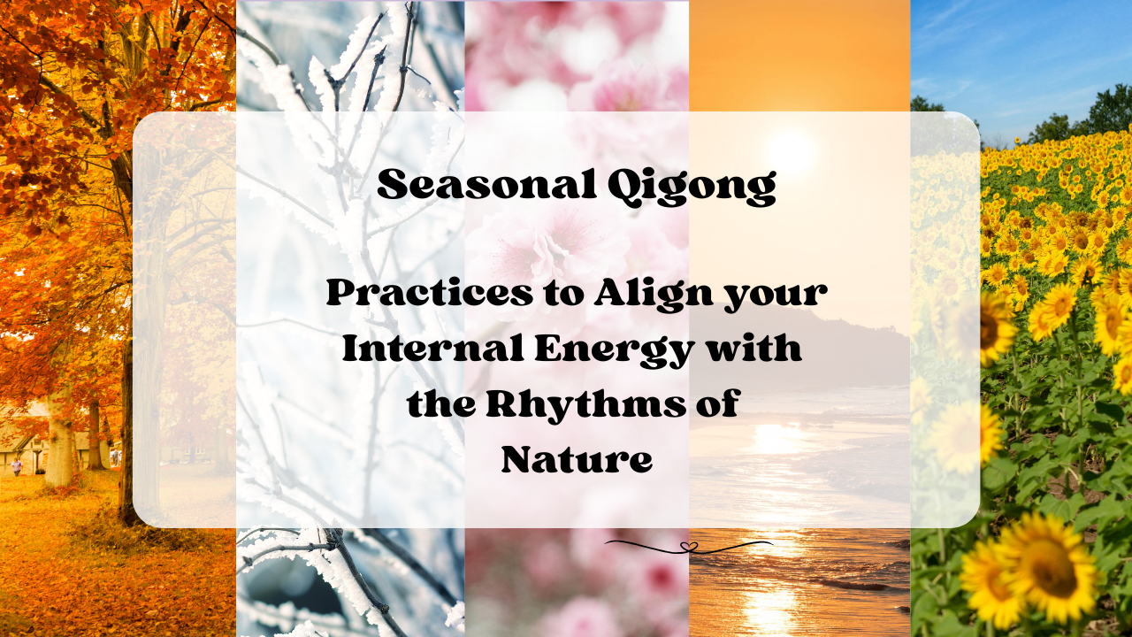 Collage of four seasonal images: autumn trees with orange leaves, snow-covered branches, pink blossoms, and a sunflower field with a sunset over the water. Overlay text reads 'Seasonal Qigong Practices to Align your Internal Energy with the Rhythms o