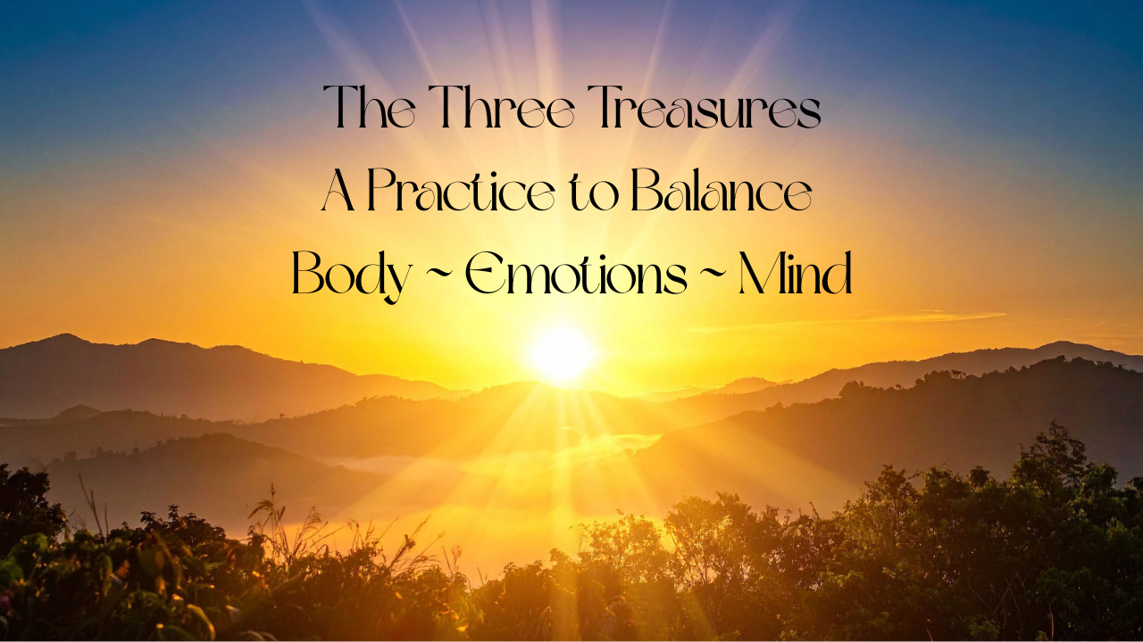 Sunrise over mountains with text about balancing body, emotions, and mind.