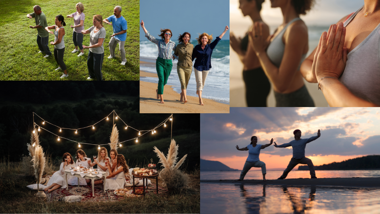 Collage of people engaging in outdoor activities: yoga on grass, walking on beach, practicing meditation, enjoying a dinner party outdoors at night, and practicing martial arts at sunset.