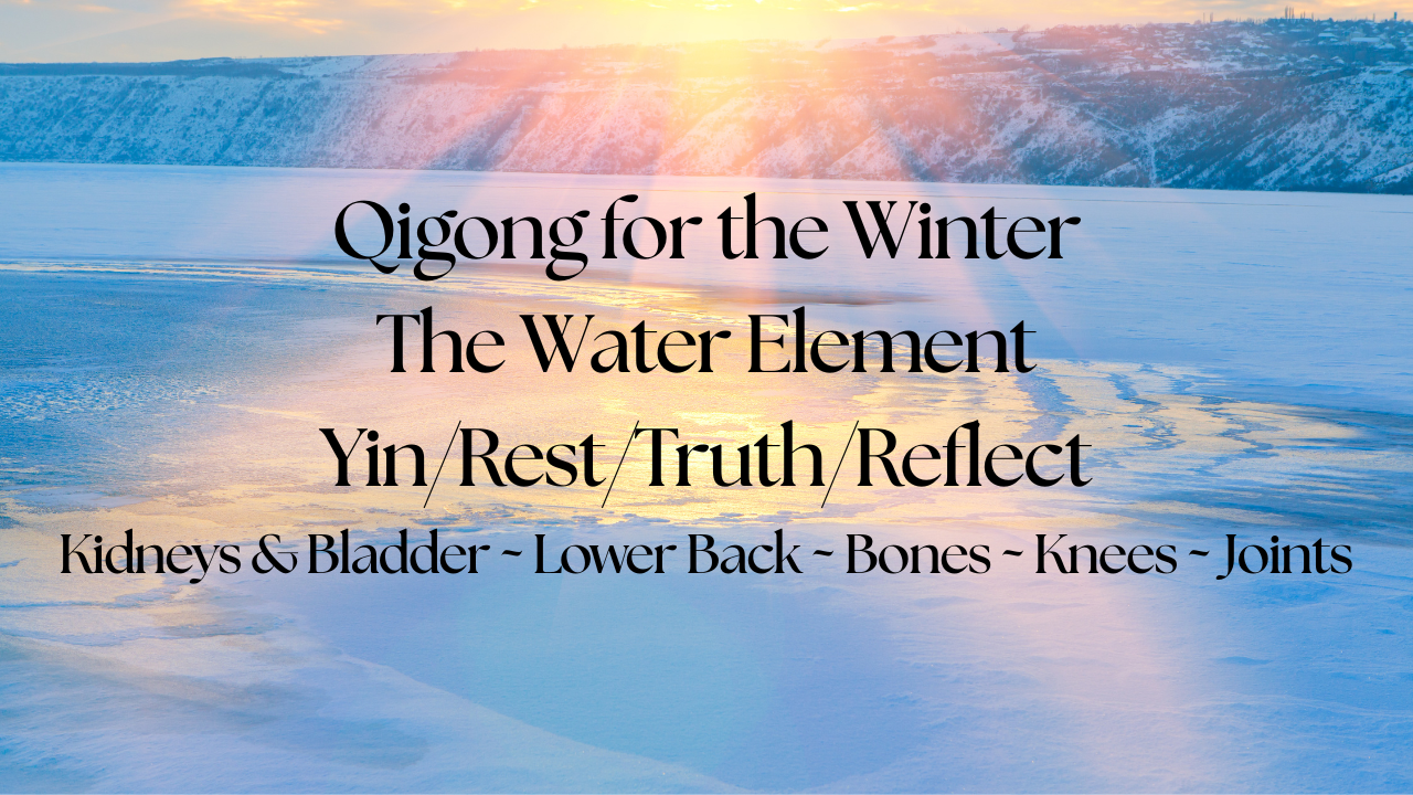 A serene winter landscape with snow-covered ground and a calm, reflective body of water, with the sun rising or setting over distant snow-capped hills. Qigong to balance your internal energy with the energy of Winter