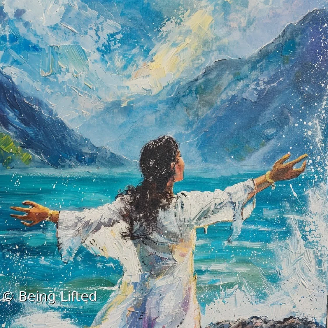 A woman in a white tunic standing by the sea and mountains with arms wide welcoming in the release of trauma