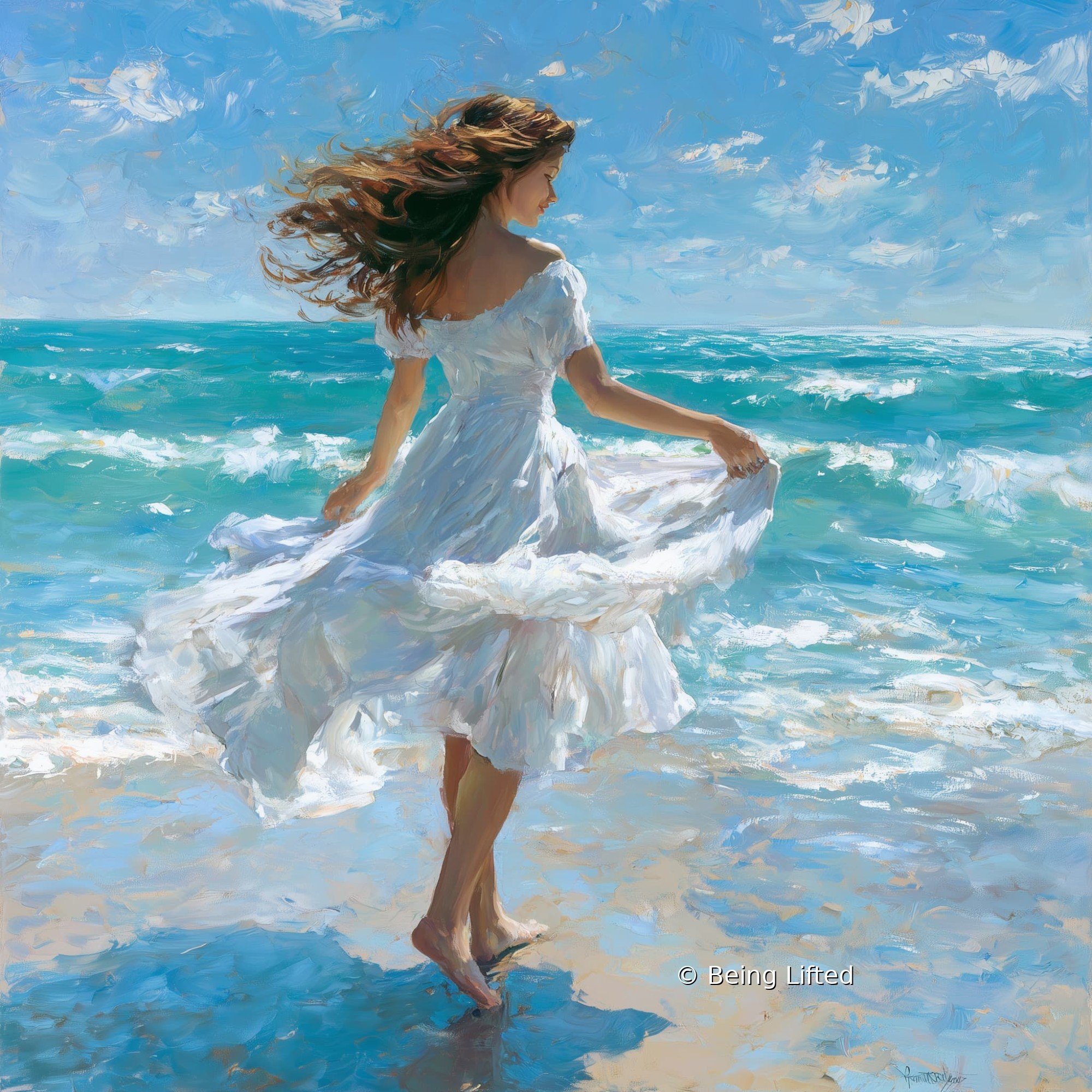 A woman in a flowy white dress feels the peace of trauma release as she looks out at the ocean